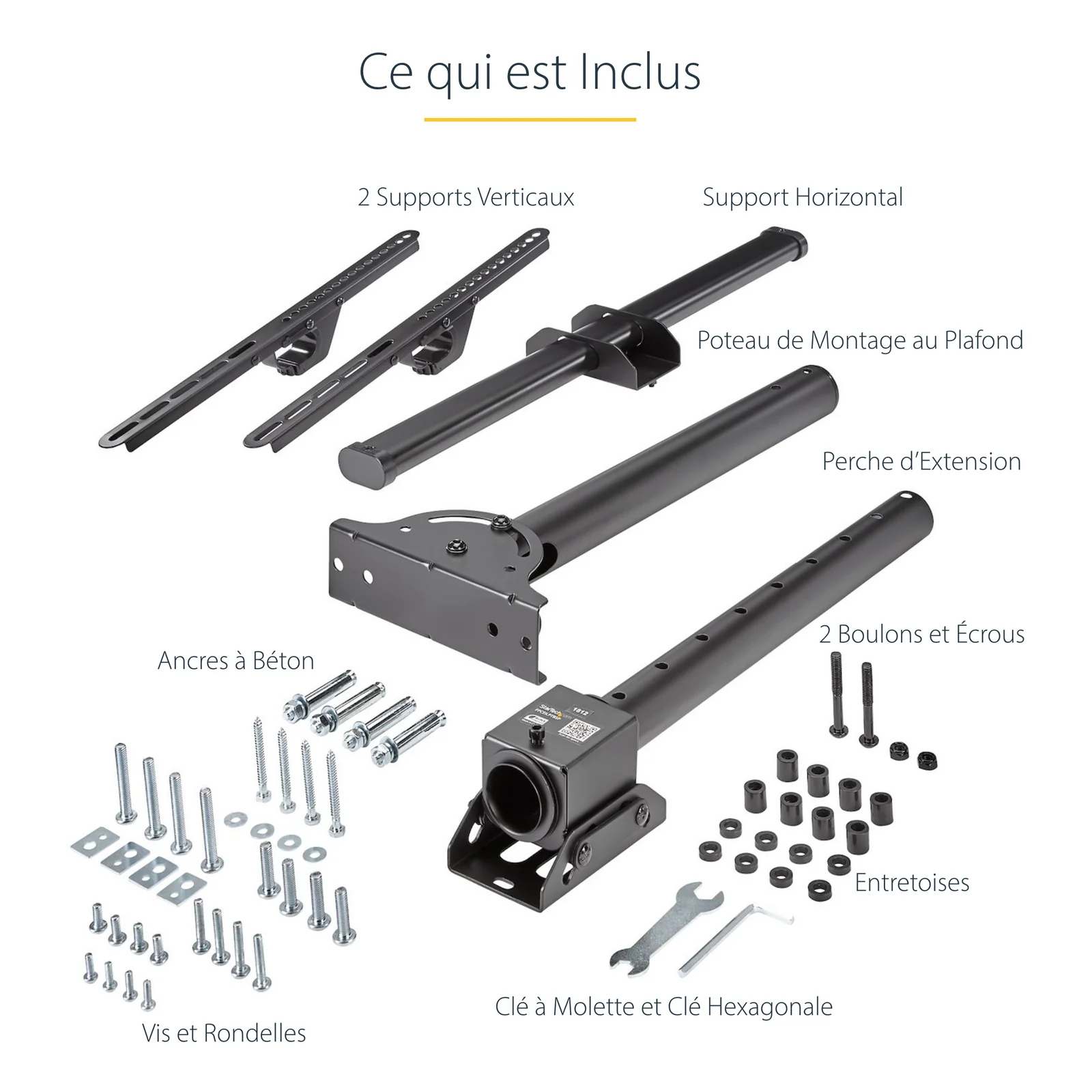 StarTech.com Support TV au Plafond - Support Universel pour Écran Unique avec Mât Court Télescopique Réglable - Inclinable/Pivotant - Support VESA pour Écrans 32"-75"