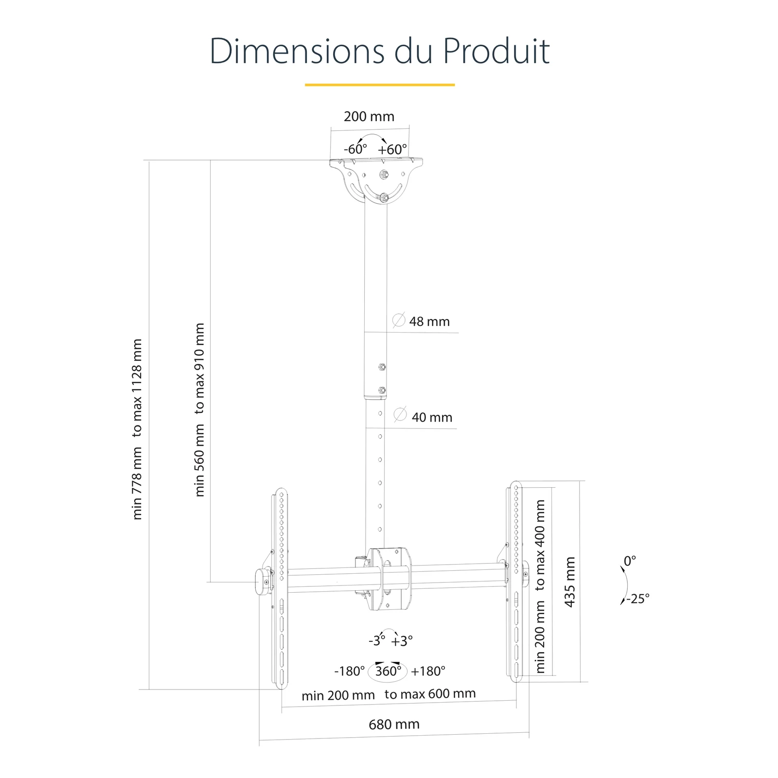 StarTech.com Support TV au Plafond - Support Universel pour Écran Unique avec Mât Court Télescopique Réglable - Inclinable/Pivotant - Support VESA pour Écrans 32"-75"