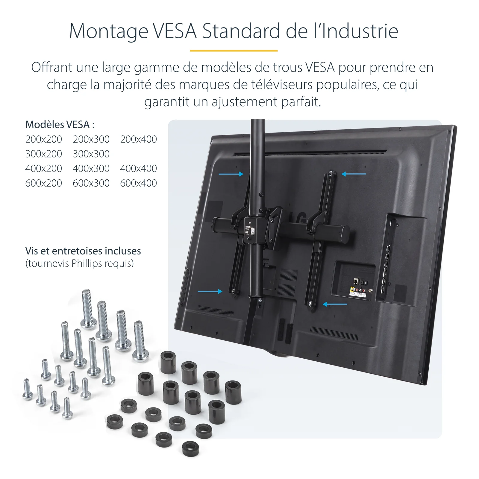 StarTech.com Support TV pour Plafond - Support Universel pour Écran Unique avec Mât Télescopique Réglable - Inclinable/Pivotant - Support VESA pour Écrans 32"-75