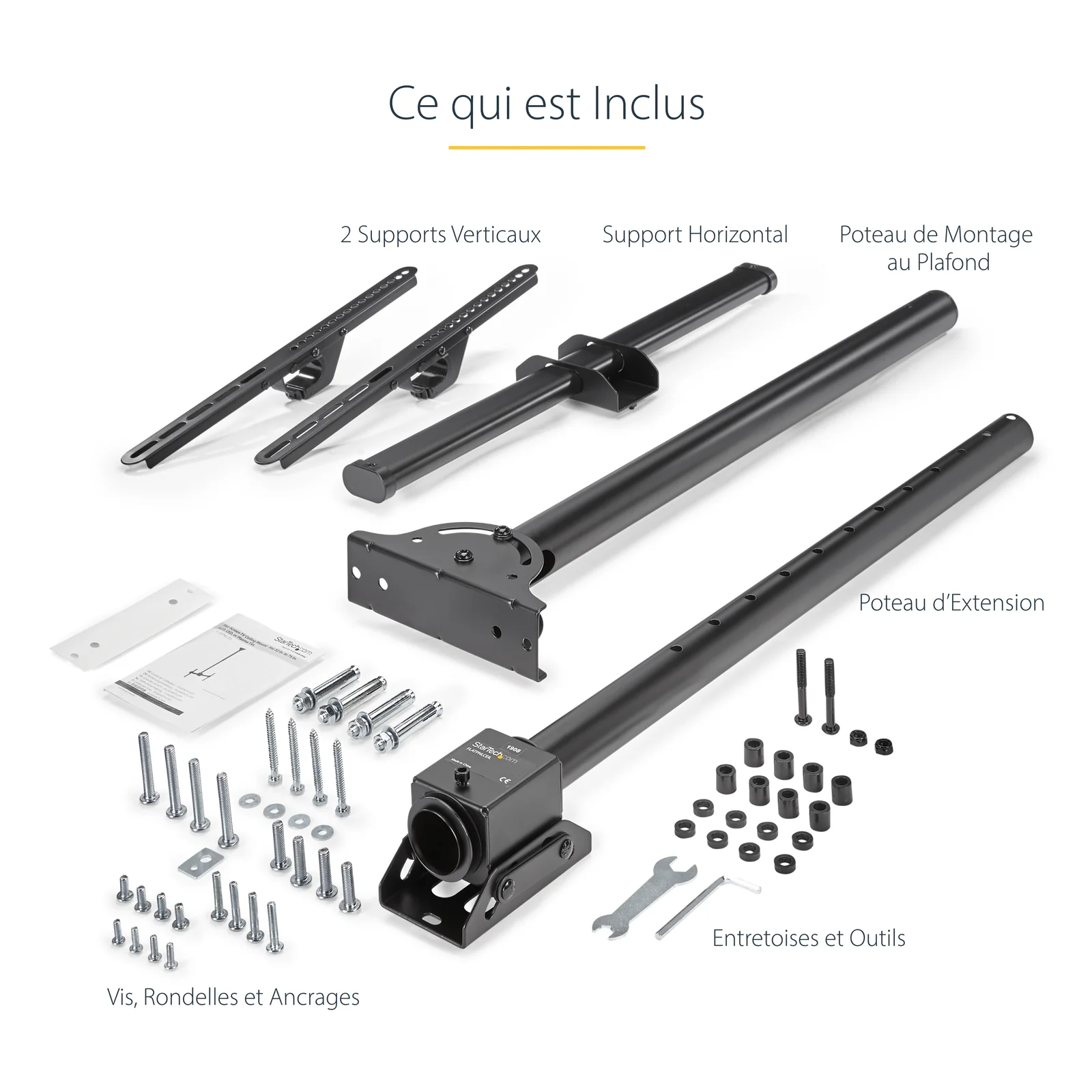 StarTech.com Support TV pour Plafond - Support Universel pour Écran Unique avec Mât Télescopique Réglable - Inclinable/Pivotant - Support VESA pour Écrans 32"-75