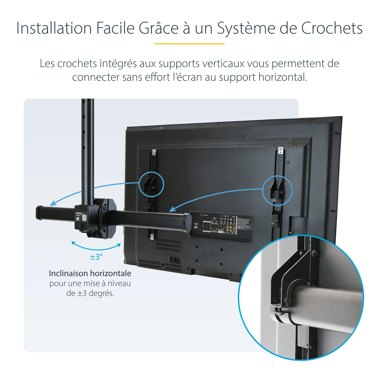StarTech.com Support TV pour Plafond - Support Universel pour Écran Unique avec Mât Télescopique Réglable - Inclinable/Pivotant - Support VESA pour Écrans 32"-75