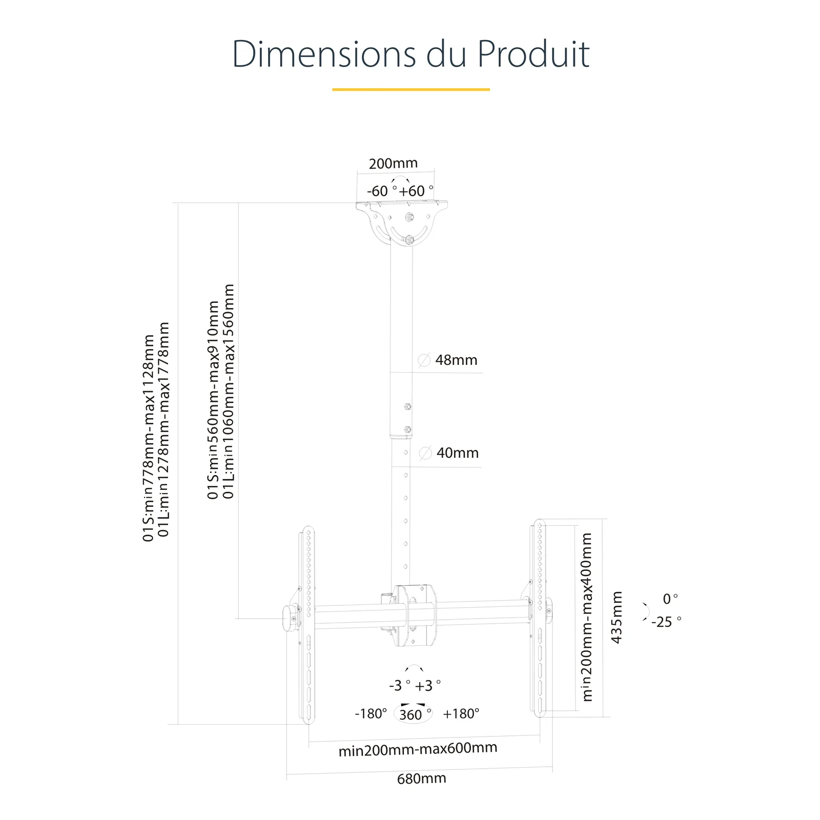 StarTech.com Support TV pour Plafond - Support Universel pour Écran Unique avec Mât Télescopique Réglable - Inclinable/Pivotant - Support VESA pour Écrans 32"-75