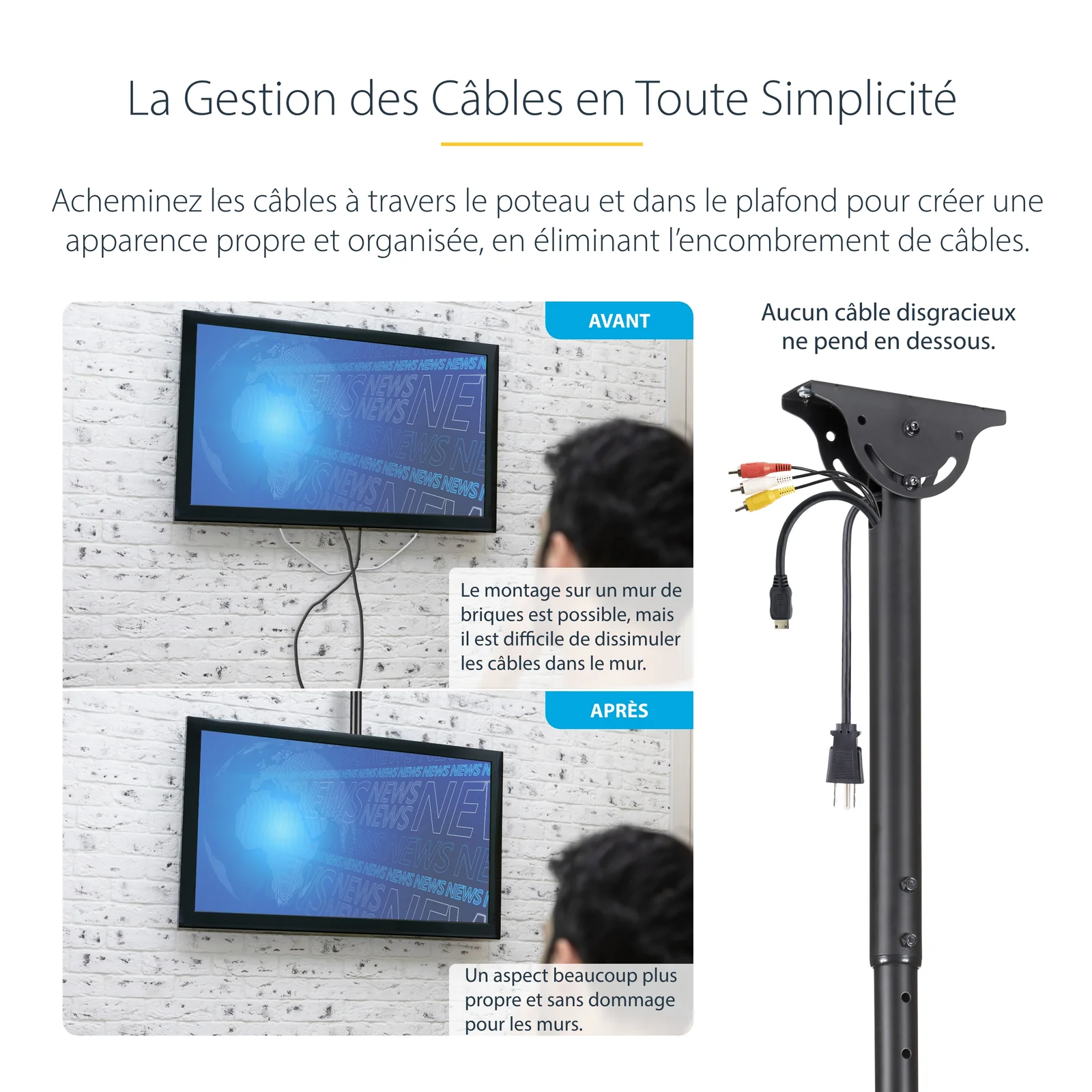 StarTech.com Support TV pour Plafond - Support Universel pour Écran Unique avec Mât Télescopique Réglable - Inclinable/Pivotant - Support VESA pour Écrans 32"-75