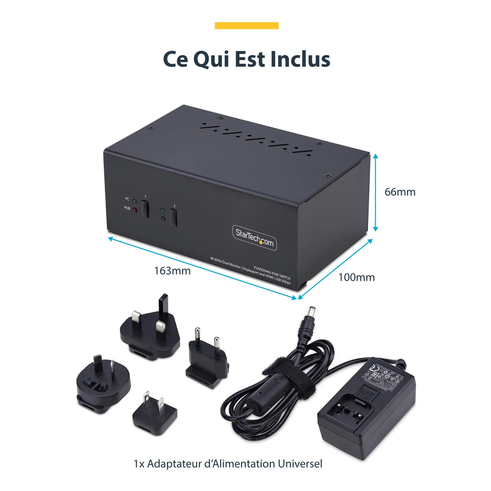Switch KVM avec alimentation et dimensions annotées (163 x 100 x 66 mm) et adaptateurs de prises