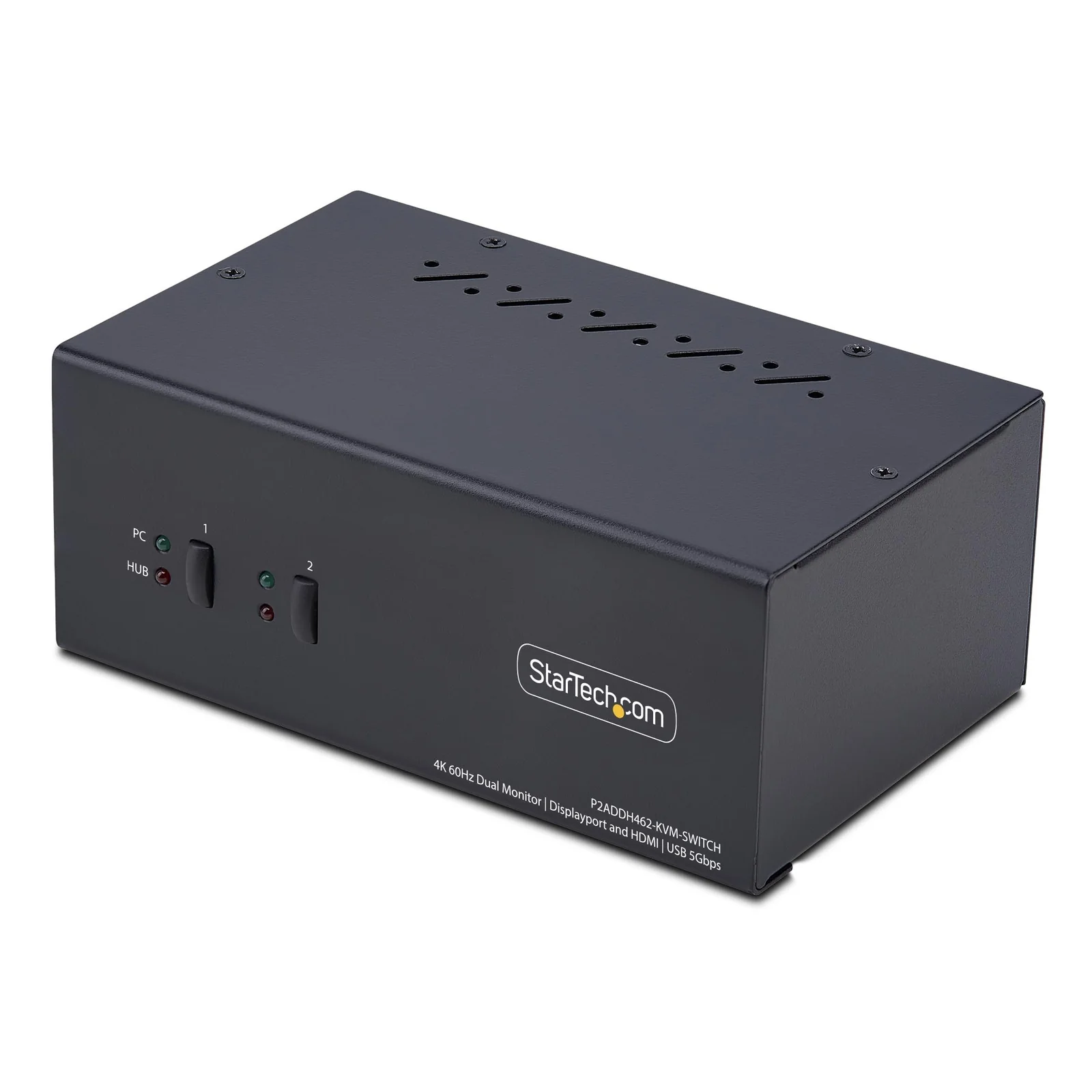 Vue isométrique avant droite du switch KVM noir avec boutons-poussoirs et LEDs indicatrices
