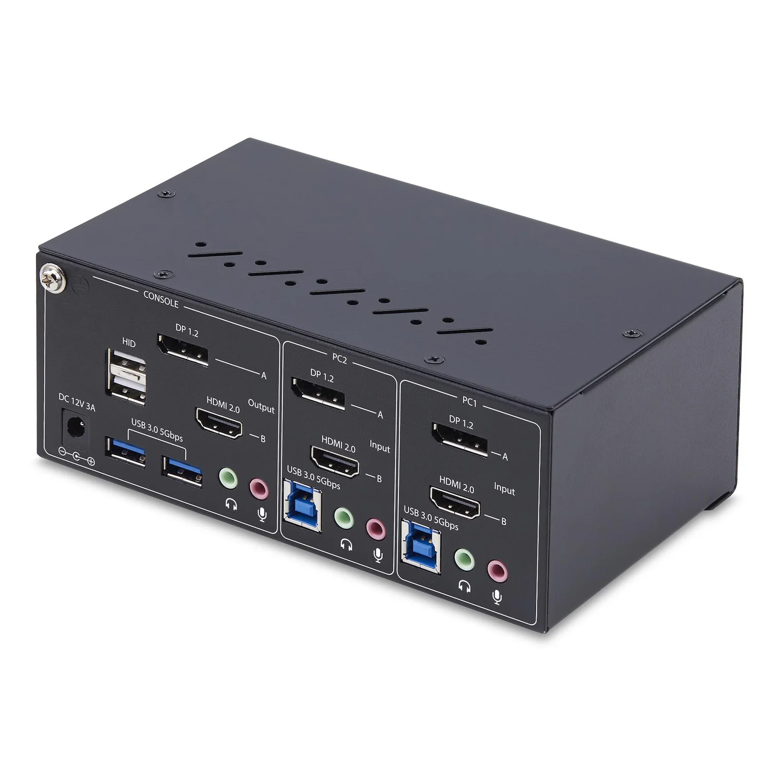 Panneau arrière gauche avec ports console DP 1.2 et HDMI 2.0, HID USB, hub USB 5Gbps et blocs d'entrées PC1 et PC2