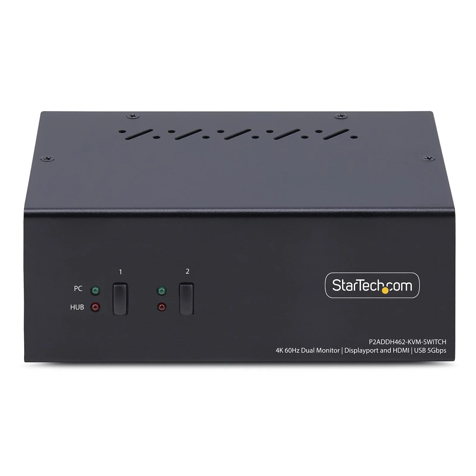Façade avant du KVM avec LEDs d'état PC et HUB, 2 sélecteurs à bouton-poussoir et logo StarTech.com
