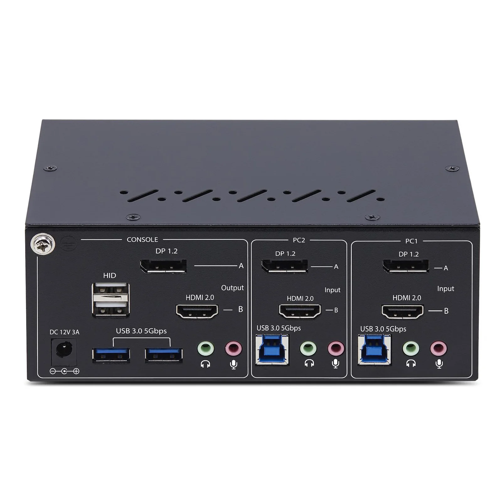 Panneau arrière avec section console (DP 1.2, HDMI 2.0, hub 5Gbps, audio) et les entrées pour PC1 et PC2