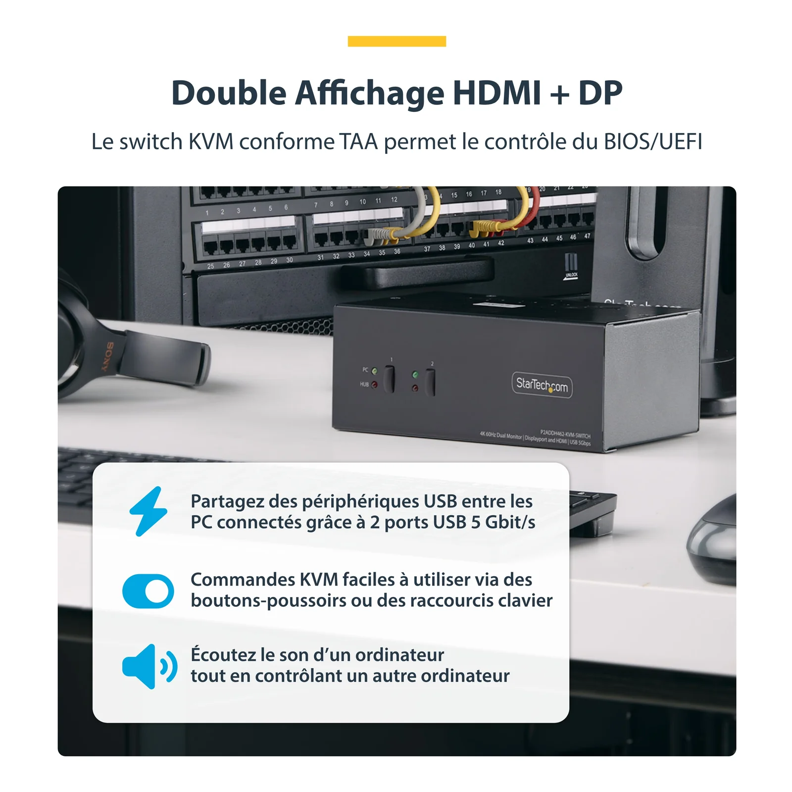 Switch KVM sur un bureau en environnement rack serveur, accompagné d'un casque audio Sony
