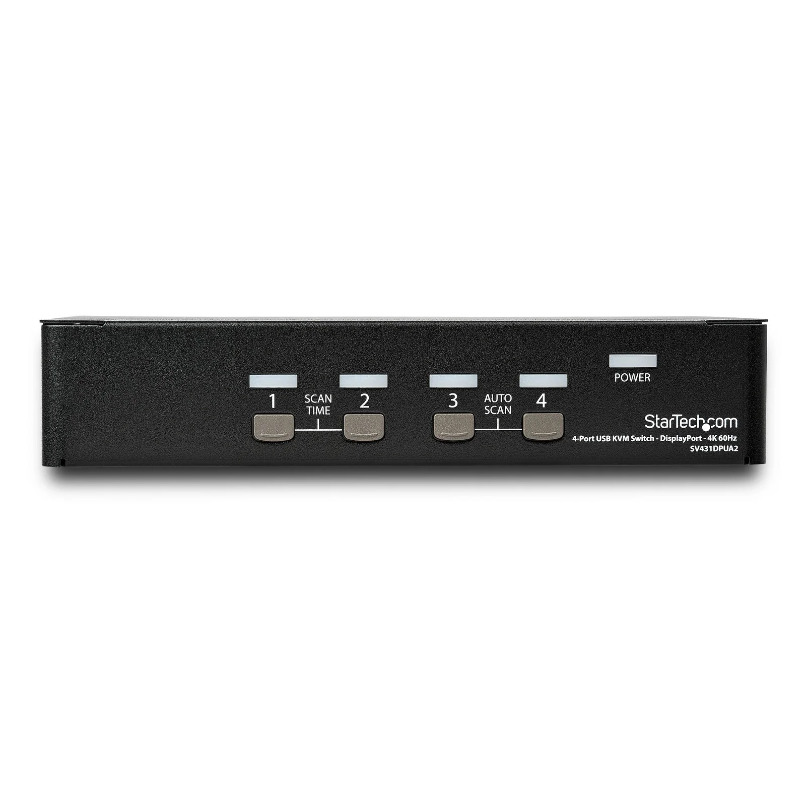 Vue de face du switch KVM avec 4 boutons numérotés, voyants LED, boutons Scan Time et Auto Scan, et indicateur Power à droite