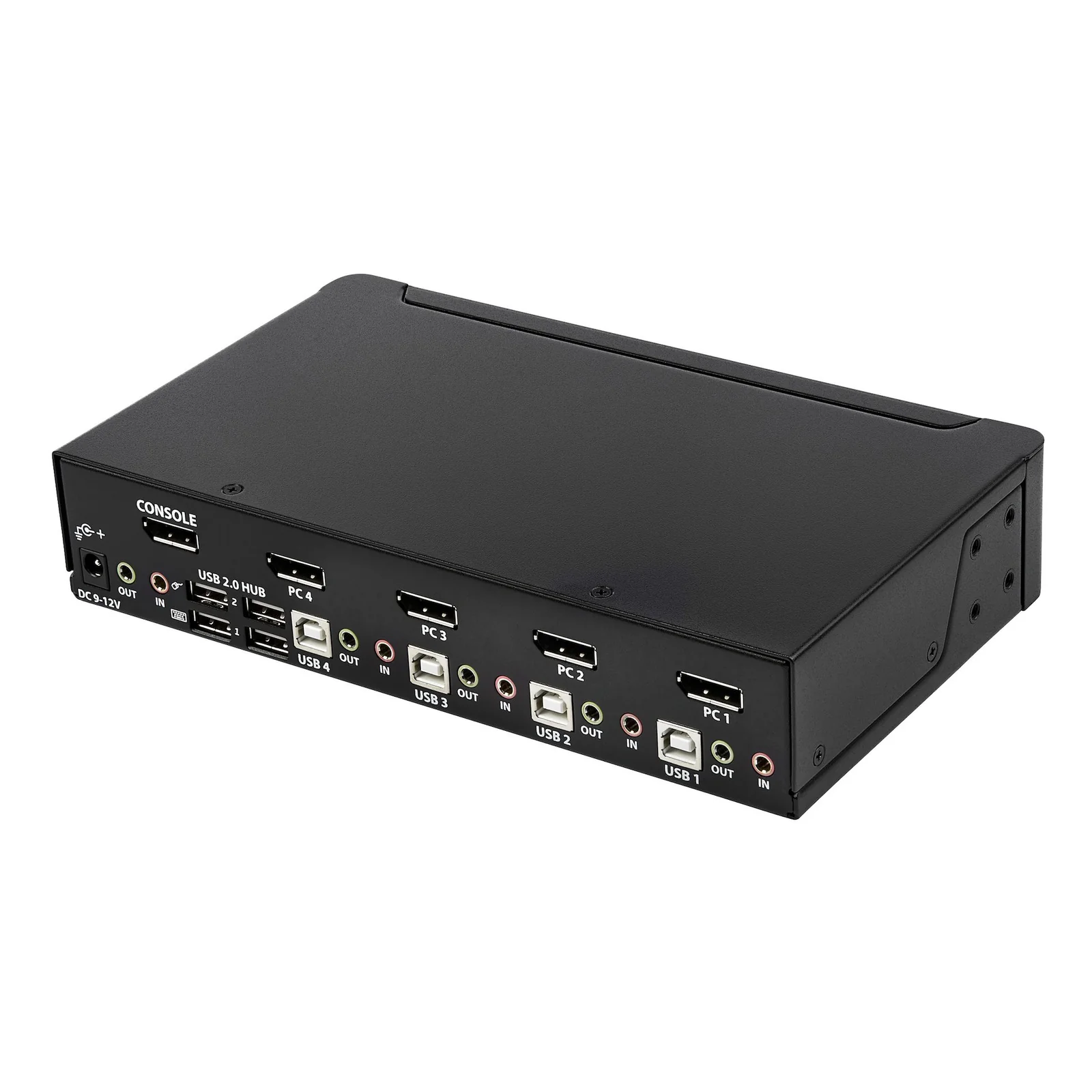 Face arrière du switch KVM montrant 4 ports DisplayPort entrée PC, 4 ports USB-B, prises audio jack, hub USB 2.0 et port DisplayPort console