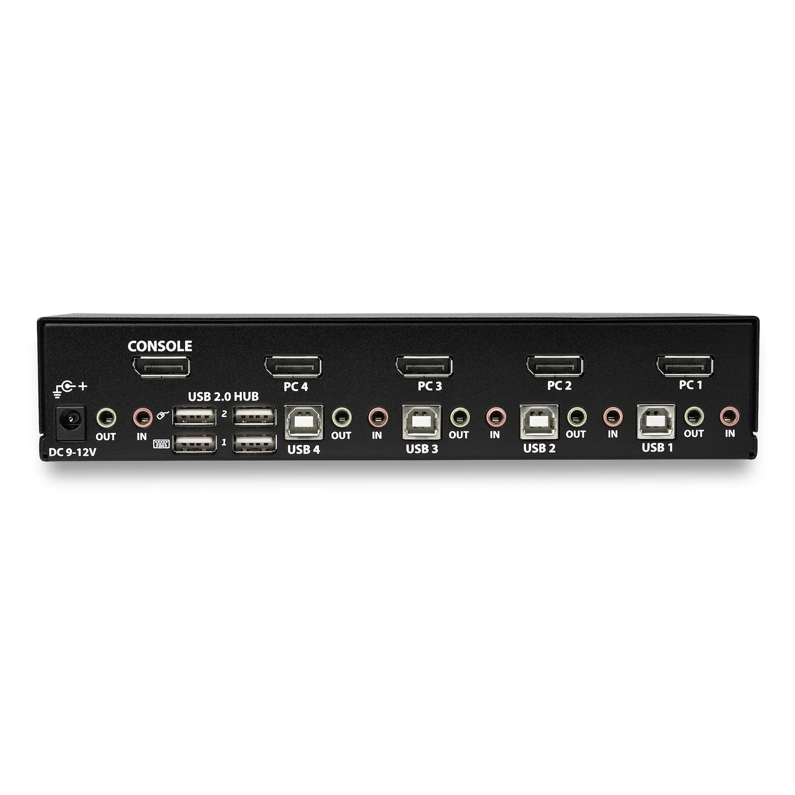 Panneau arrière complet du switch KVM avec ports DisplayPort Console et PC 1 à 4, USB-B par PC, prises audio, hub USB 2.0 et alimentation DC