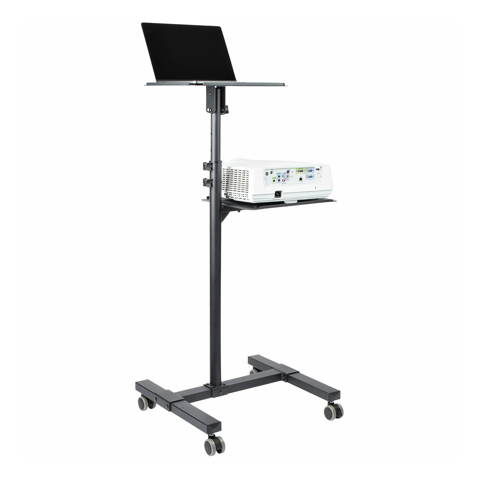 Chariot avec ordinateur portable sur l'étagère haute inclinée et vidéoprojecteur blanc positionné sur l'étagère basse, vue de face
