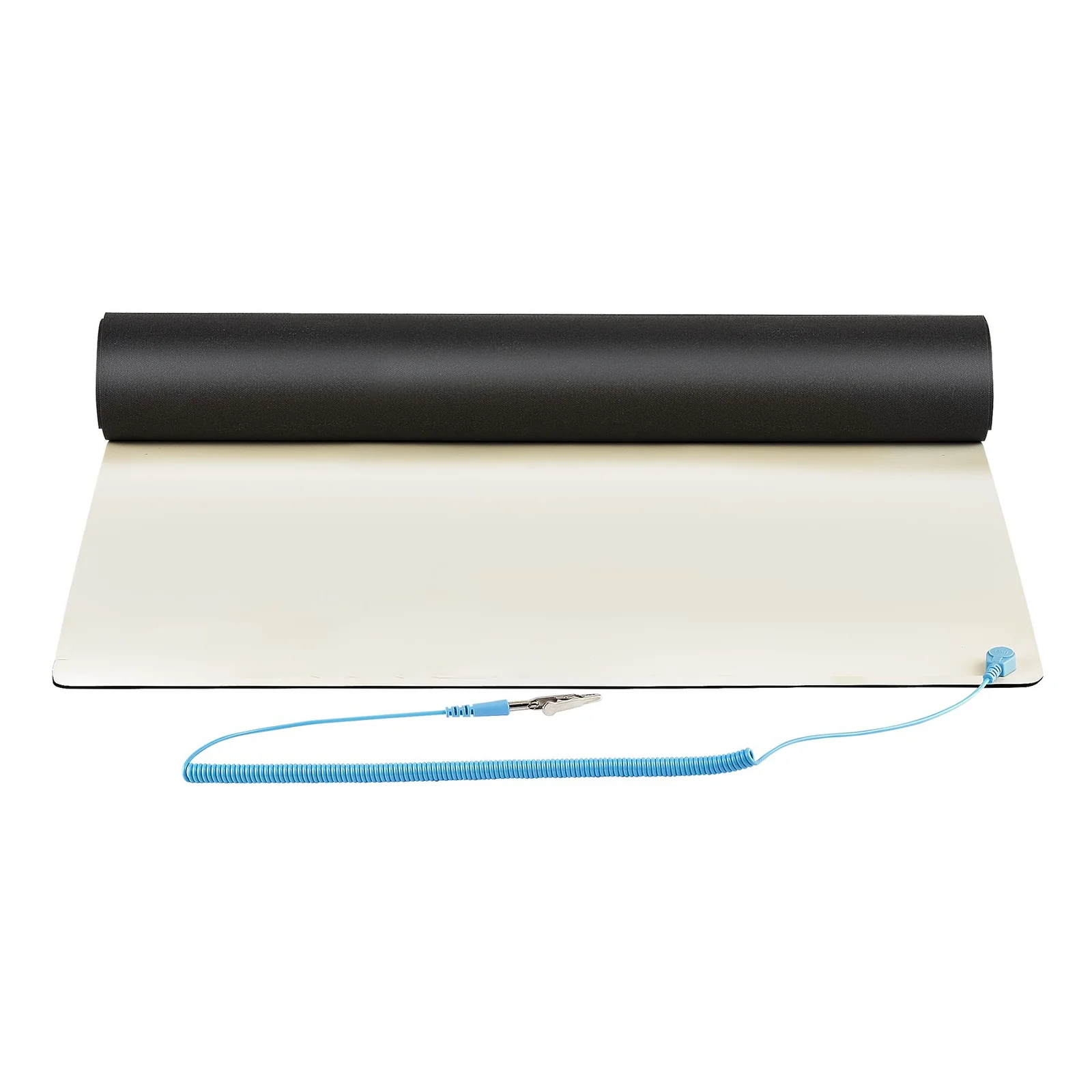 Tapis ESD StarTech.com face beige à plat avec bout enroulé, câble de terre bleu et pince crocodile