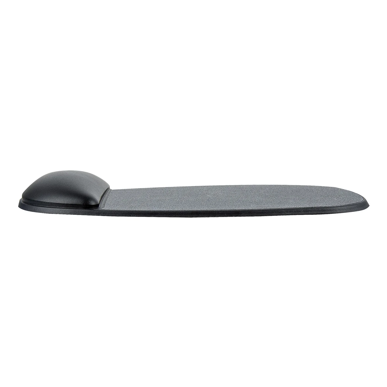 Tapis de souris avec repose-poignets vu de profil, coussin en gel surélevé à gauche et surface plate fine