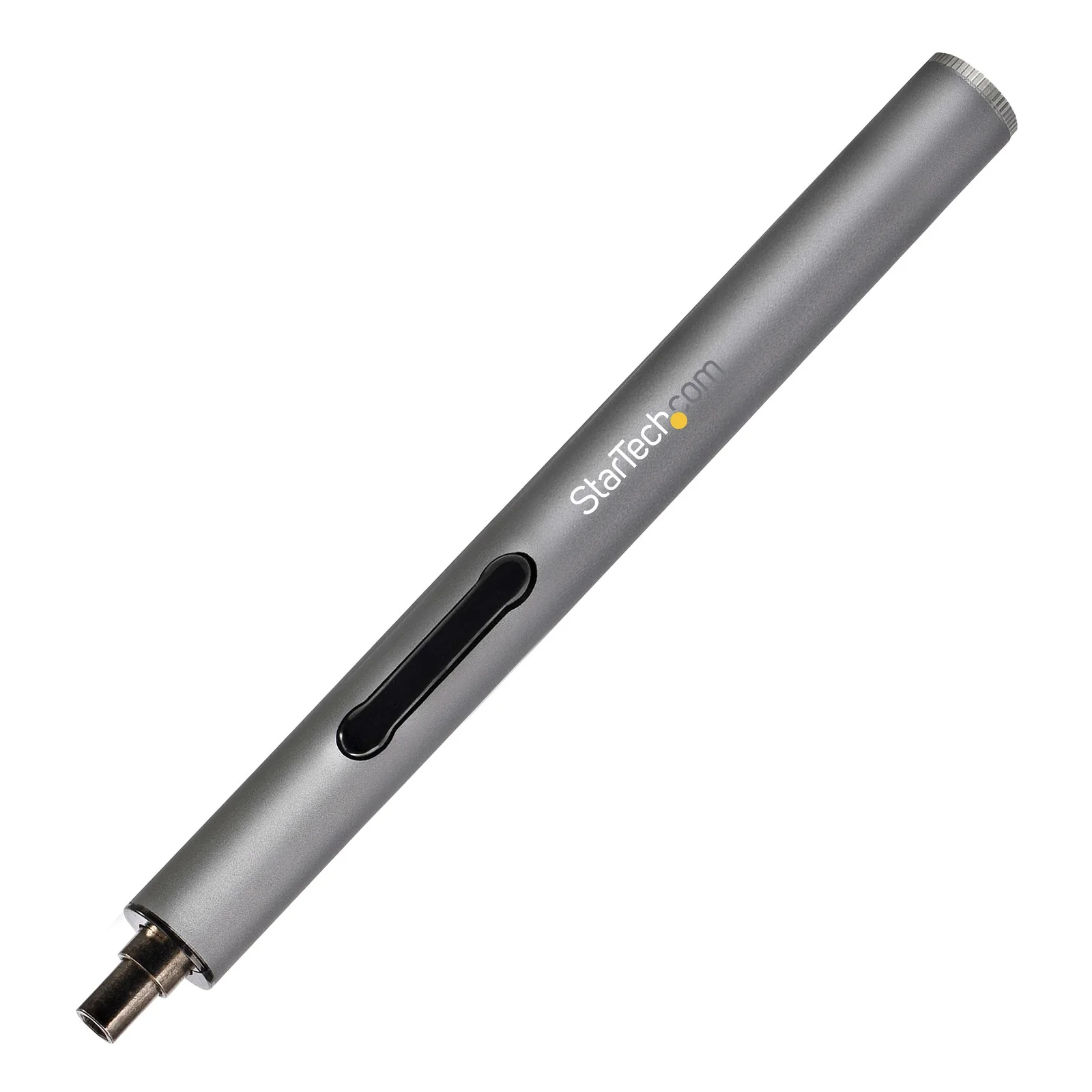 Tournevis électrique cylindrique gris en gros plan, avec interrupteur coulissant noir, embout hexagonal en bout et molette striée à l'extrémité
