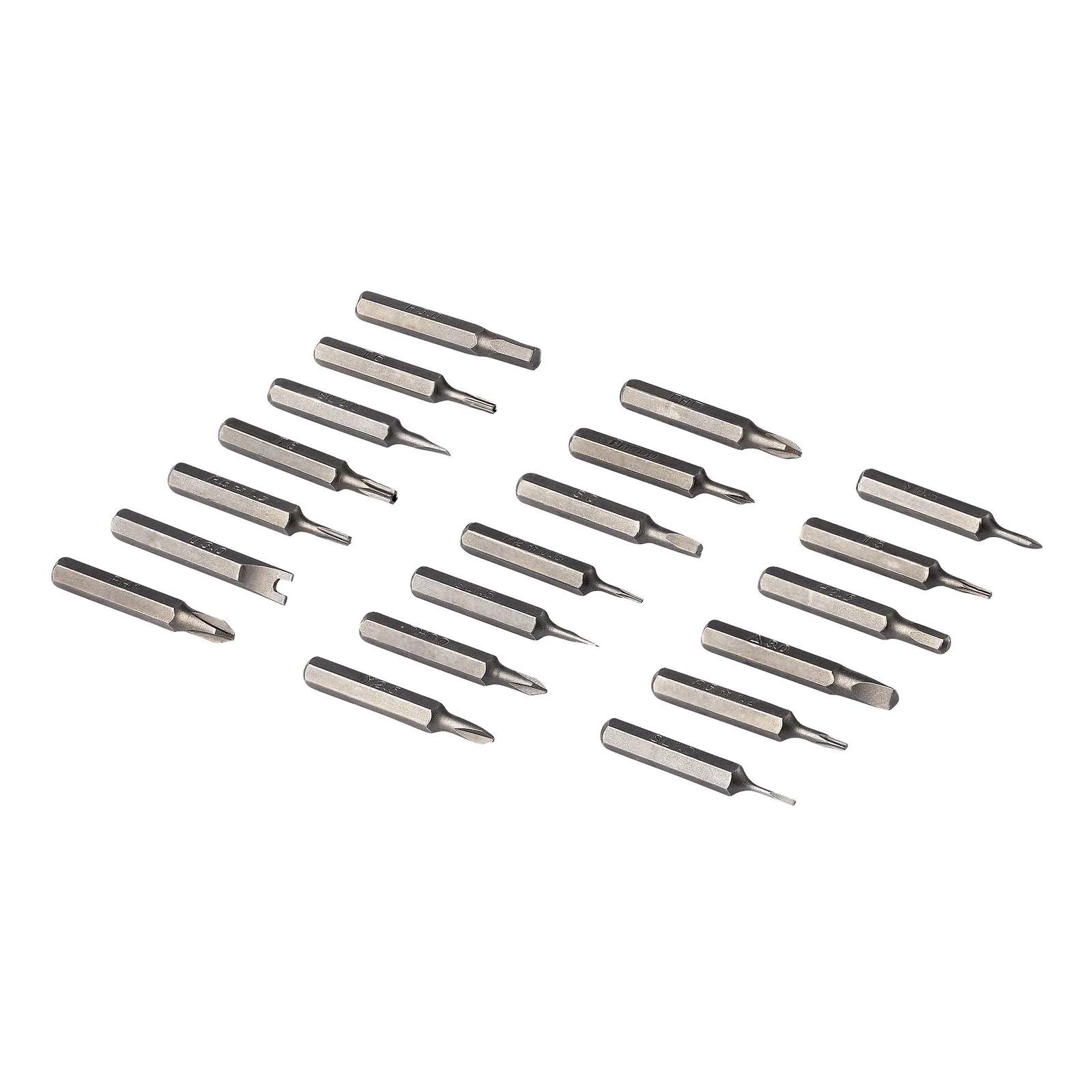 20 embouts de précision en acier disposés en éventail, avec différentes formes de pointe visibles, tailles gravées sur chaque embout