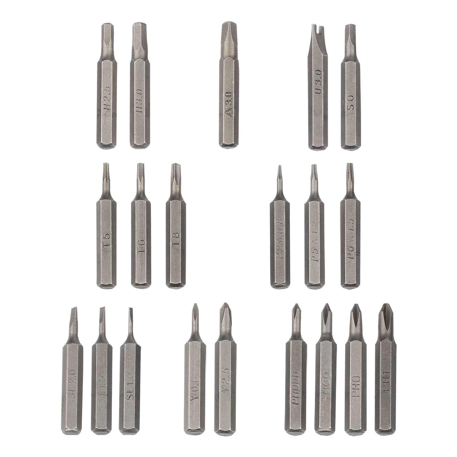 20 embouts de précision en acier inoxydable groupés par type, incluant hexagonal, Torx, Phillips, plat et triangulaire avec tailles gravées