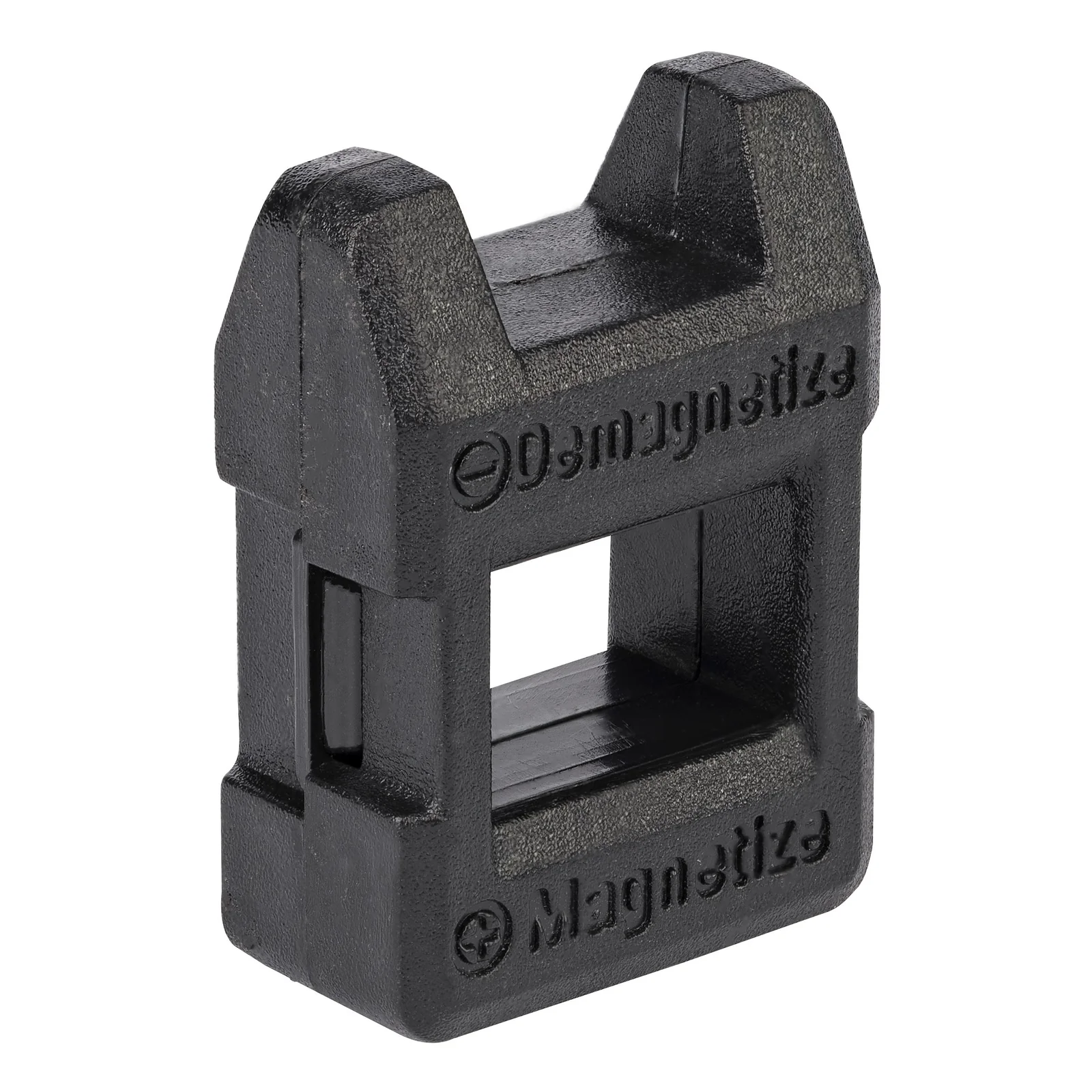 Outil de magnétisation et démagnétisation en plastique noir avec ouverture carrée centrale et inscriptions Magnetize et Demagnetize