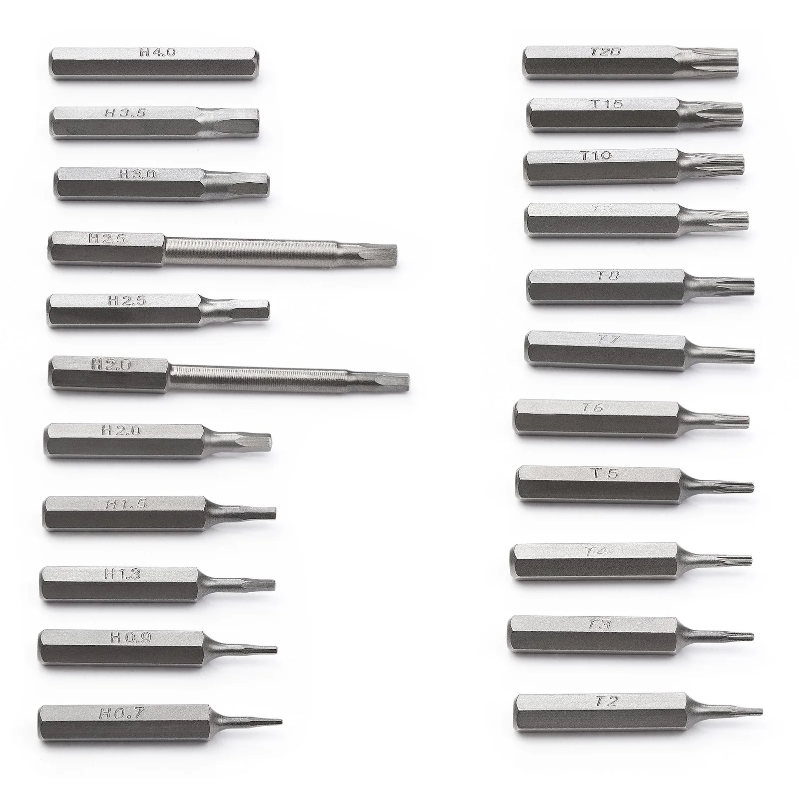 Collection de 24 embouts de précision en acier chromé alignés, types hex H et torx T de différentes tailles étiquetées