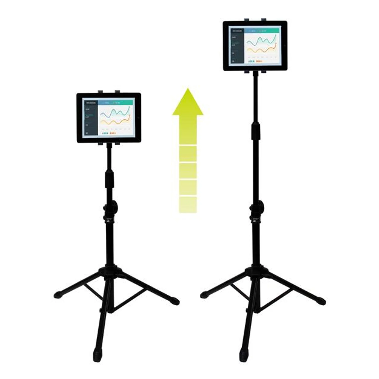 Comparatif de hauteur du trépied tablette en position basse et haute, flèche illustrant le réglage télescopique de la colonne centrale