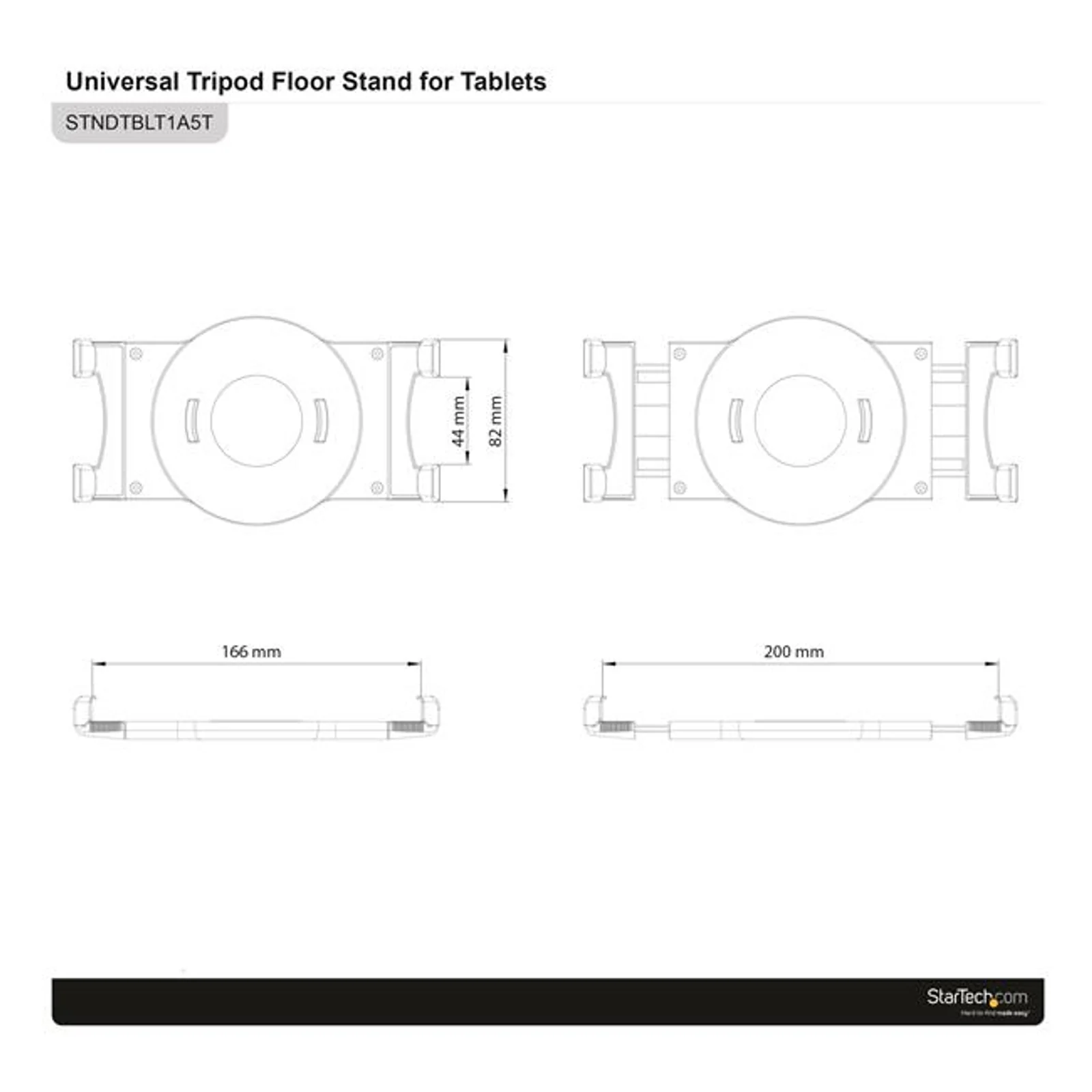 Schéma technique du support tablette montrant les dimensions de la tête de fixation, largeur de 166 mm en position fermée et 200 mm en position ouverte