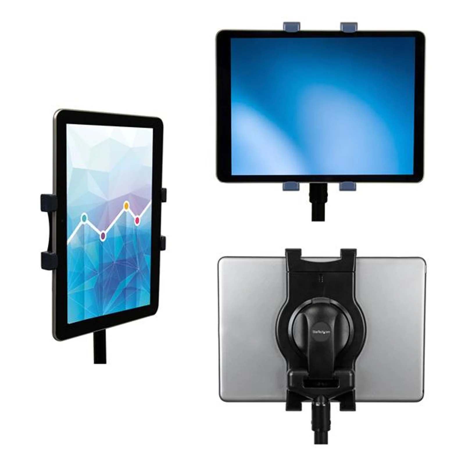 Support tablette utilisé en portrait et paysage avec une tablette, ainsi qu'une vue arrière montrant l'articulation rotative centrale fixée sur la colonne du trépied