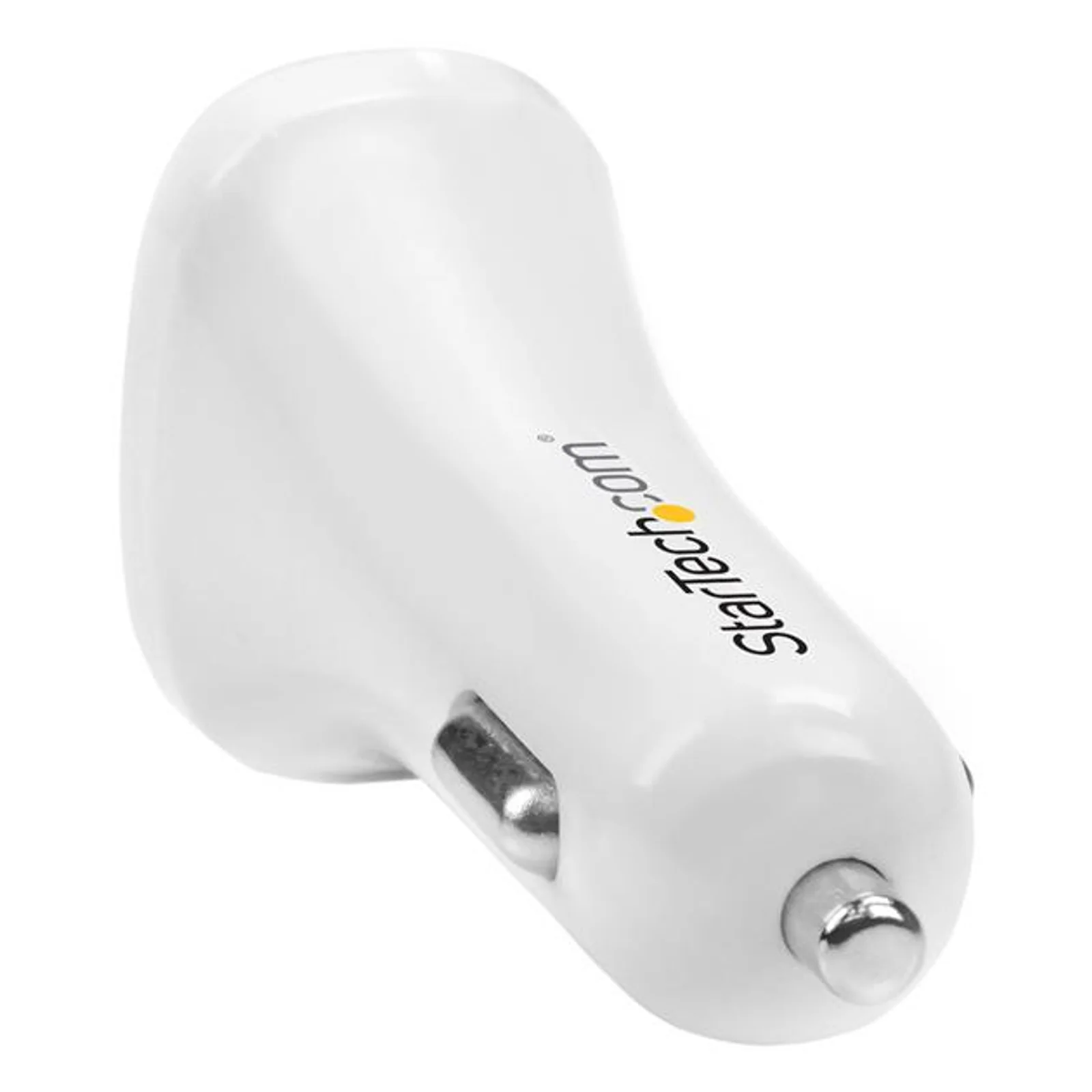 Vue de trois quarts arrière du chargeur allume-cigare blanc montrant l'embout métal argenté et le logo imprimé sur le corps
