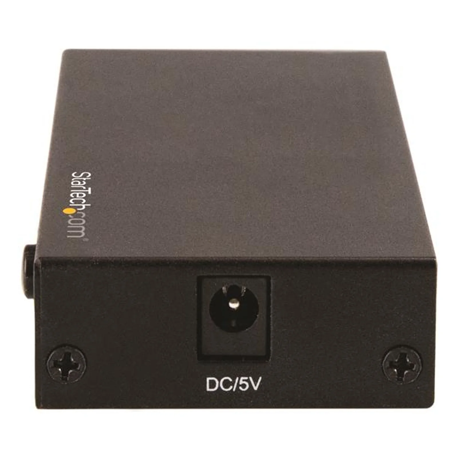 Face arrière du commutateur noir avec prise d'alimentation DC 5V centrale et vis de fixation visibles sur fond noir mat