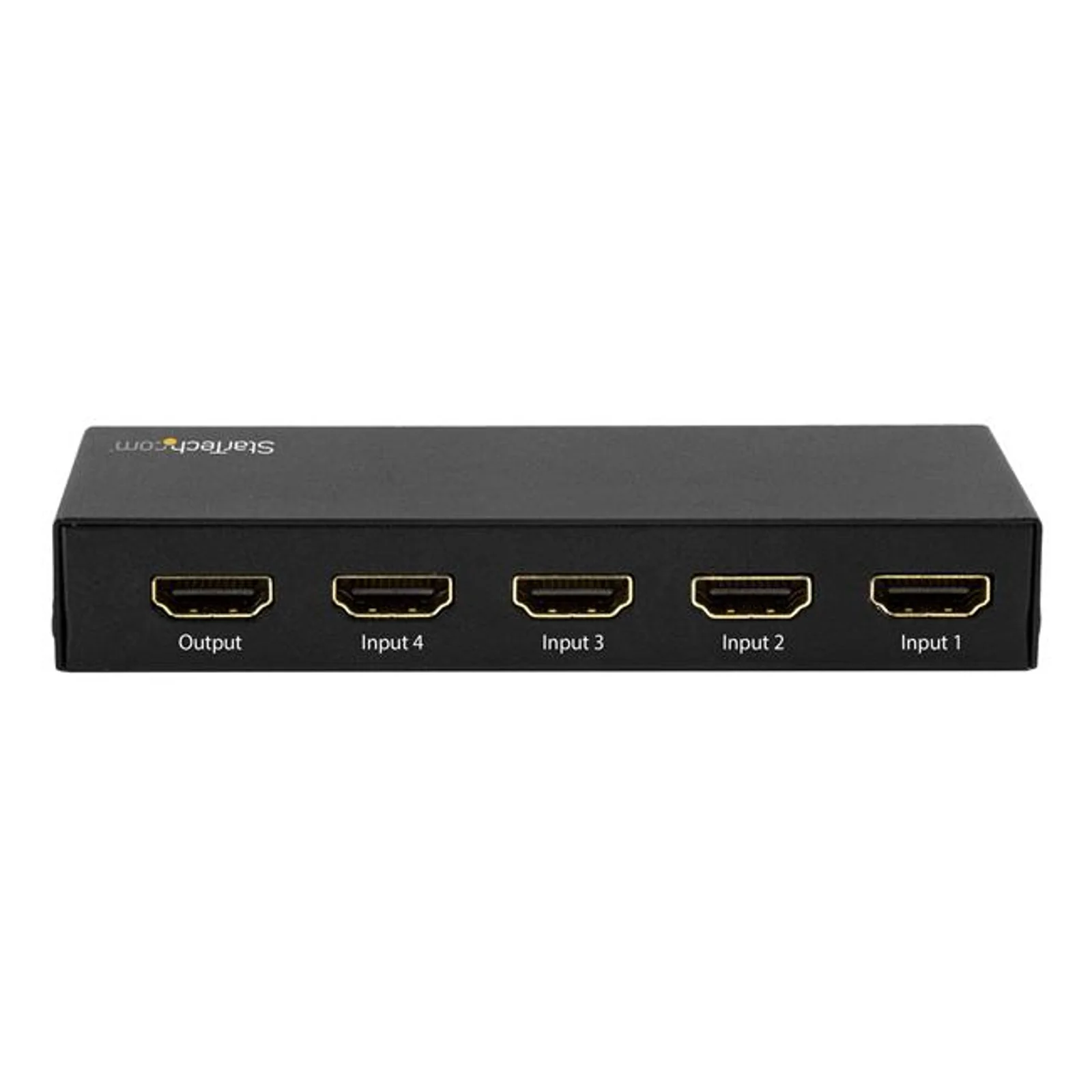 Face arrière du commutateur noir vue de face, avec 5 ports HDMI à contacts dorés étiquetés Output, Input 4, Input 3, Input 2 et Input 1