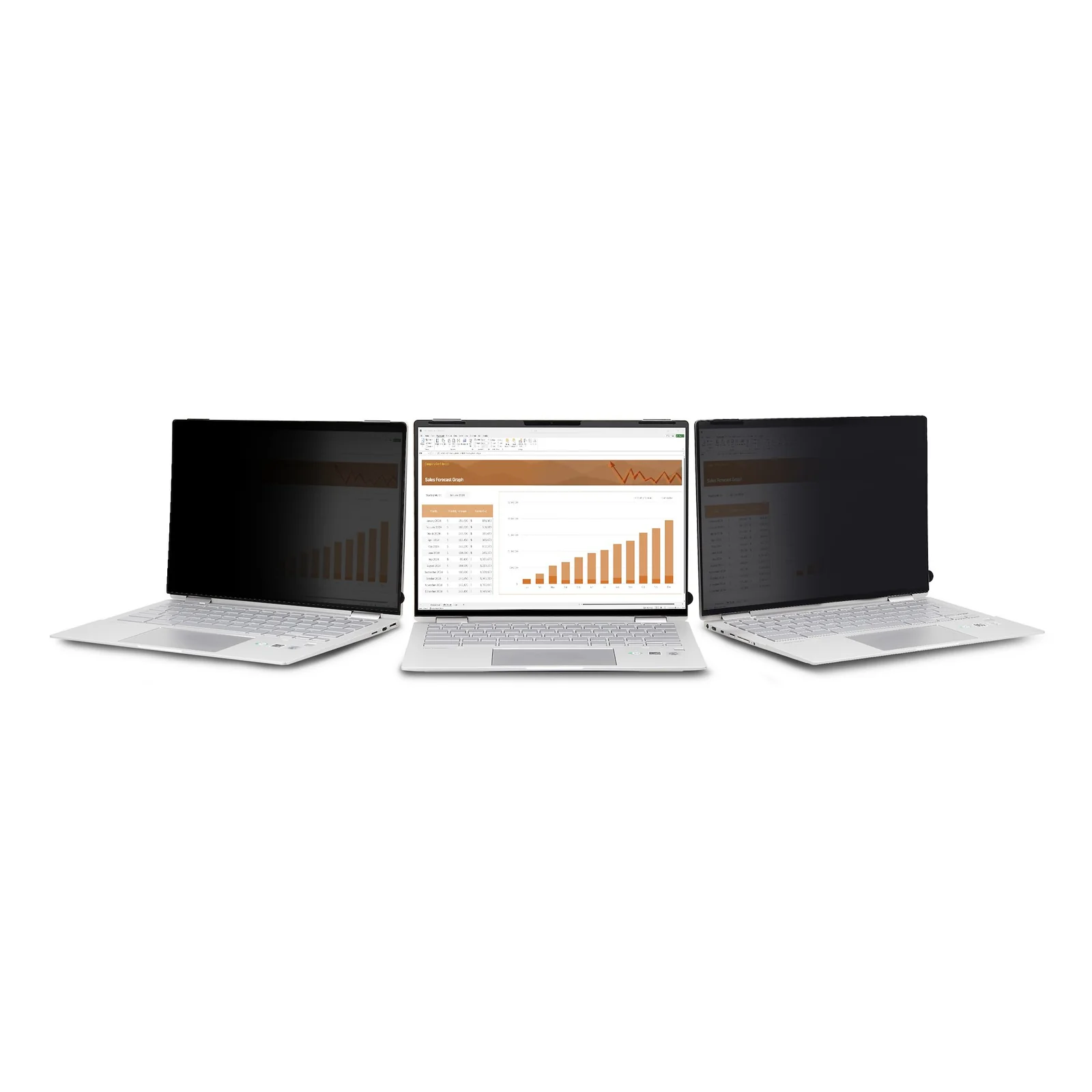 Vue de trois laptops côte à côte, les deux latéraux avec le filtre opaque et l'écran central sans filtre visible de face
