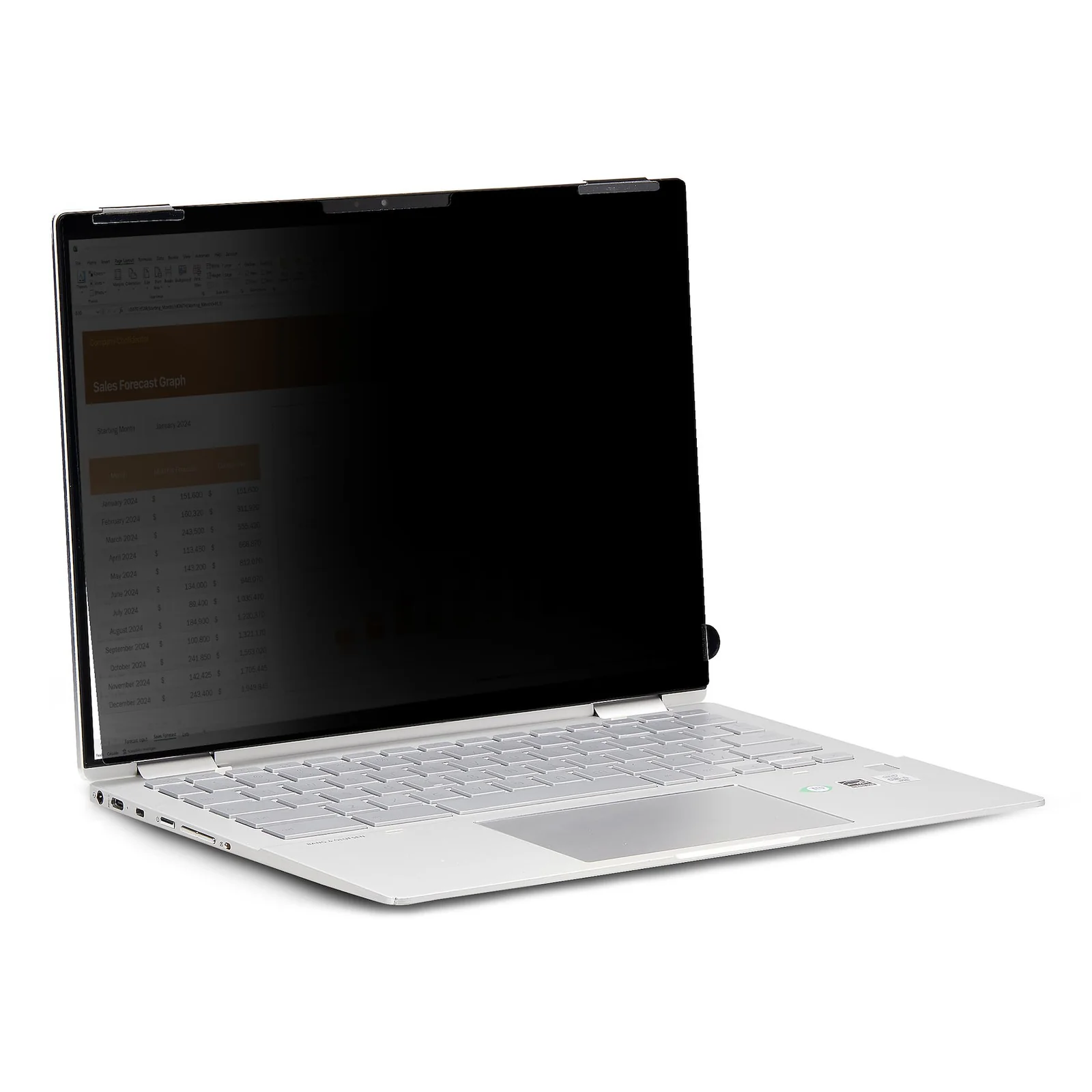 Filtre rabattu à plat sur le couvercle du laptop, face noire mate en position de rangement