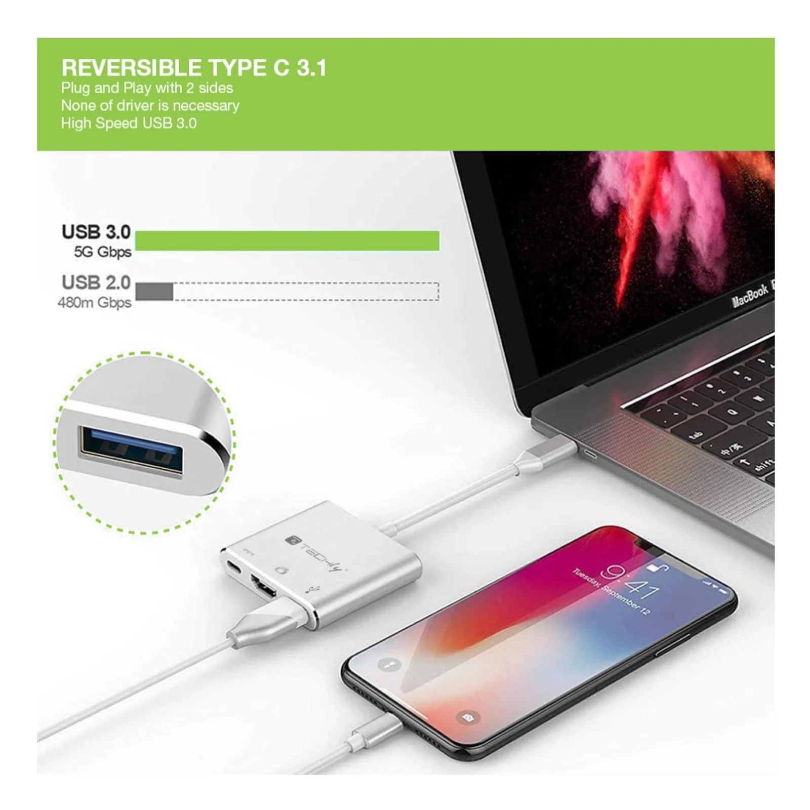 Techly IADAP USB31-HDMIPTY station d'accueil Avec fil USB 3.2 Gen 1 (3.1 Gen 1) Type-C Argent