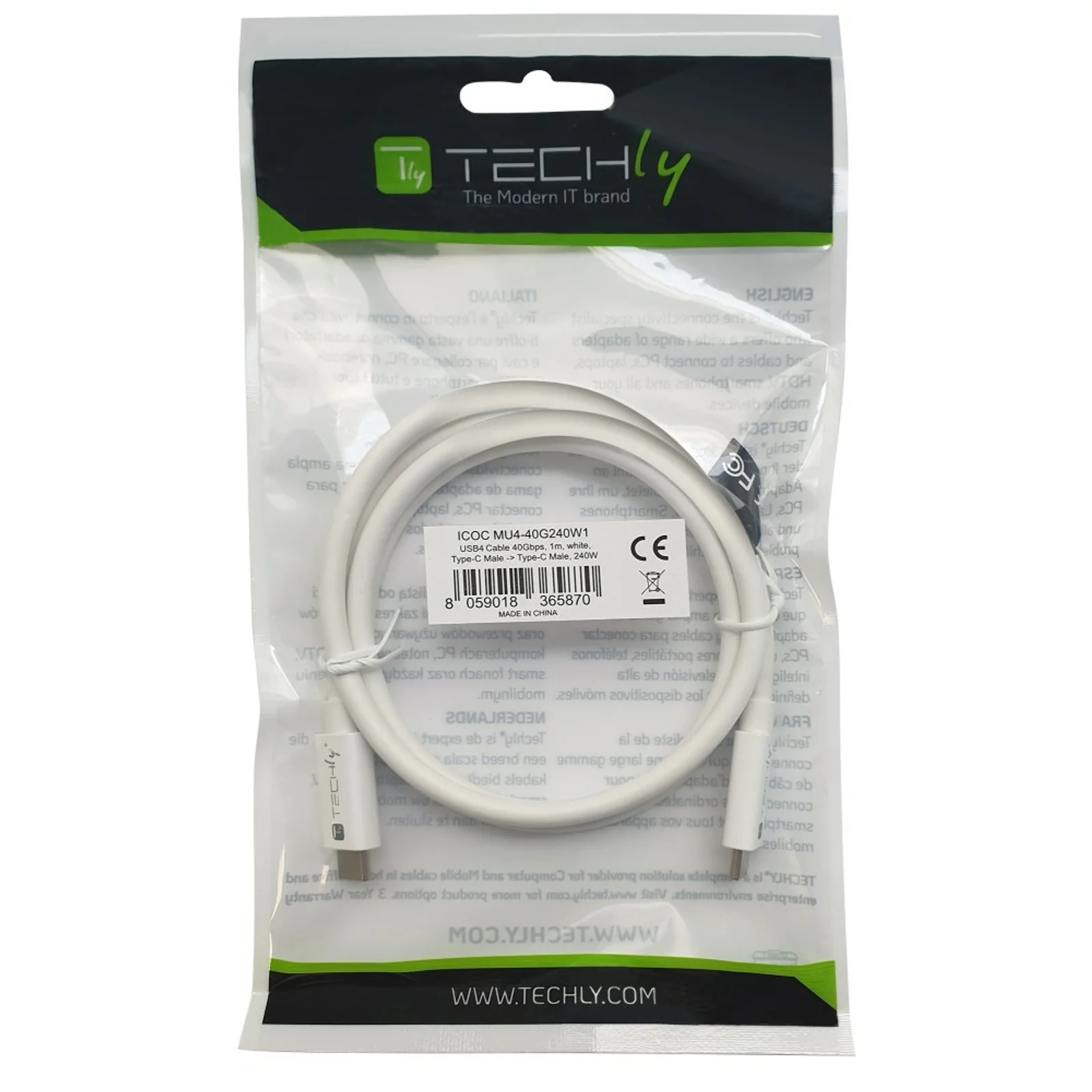 Techly ICOC-MU4-40G240W1 câble USB USB4 Gen 3x2 1 m USB C 40 Gbit/s 240 W Blanc