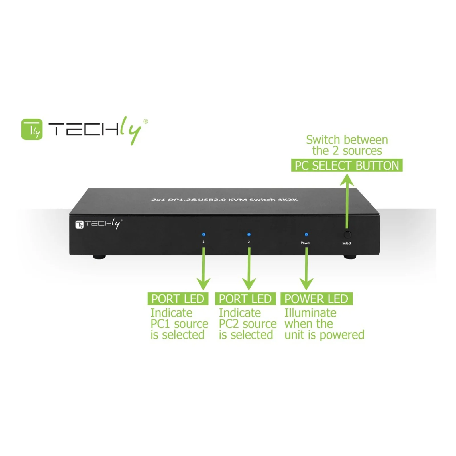 Techly IDATA DP-KVM2 commutateur écran, clavier et souris Noir