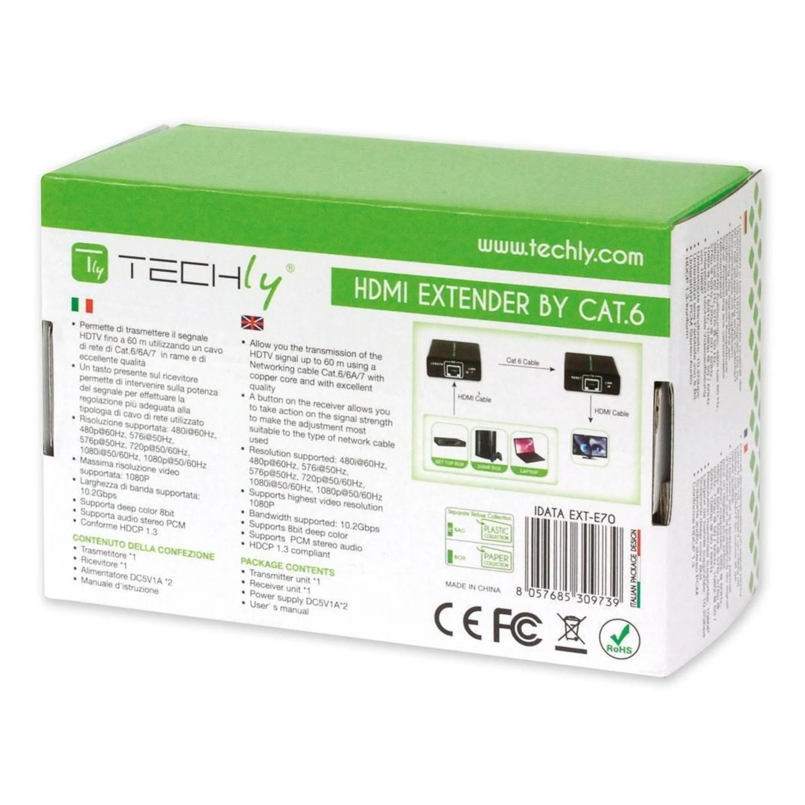 Techly IDATA EXT-E70 extension audio/video Émetteur et récepteur AV Noir
