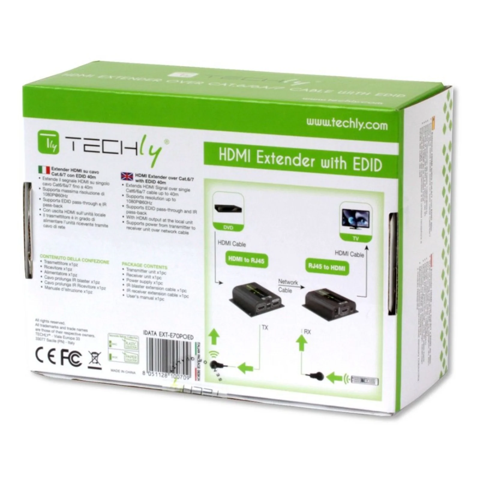 Techly IDATA EXT-E70POED extension audio/video Émetteur et récepteur AV Noir
