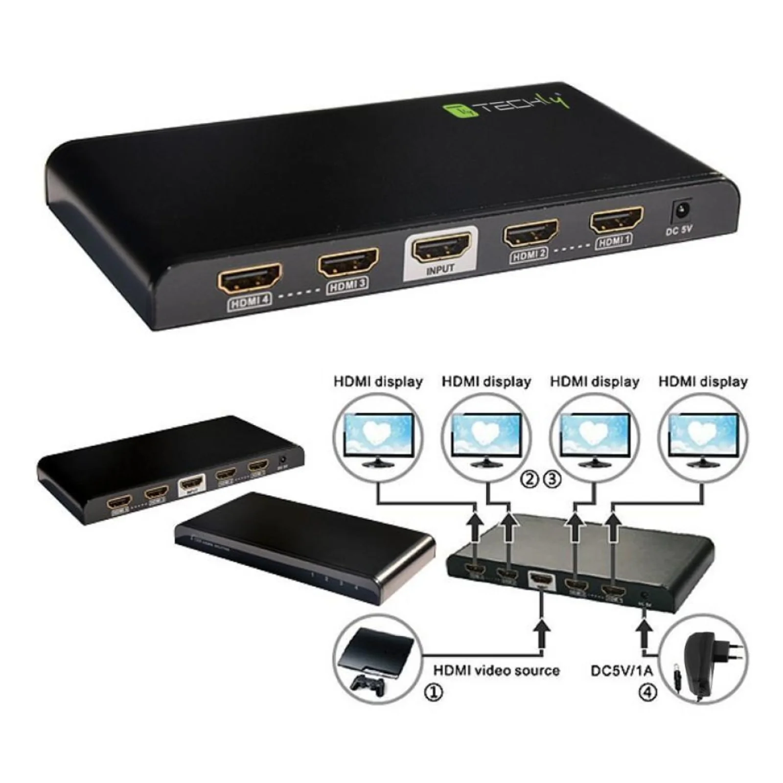 Techly IDATA HDMI2-4K4 répartiteur vidéo HDMI 4x HDMI