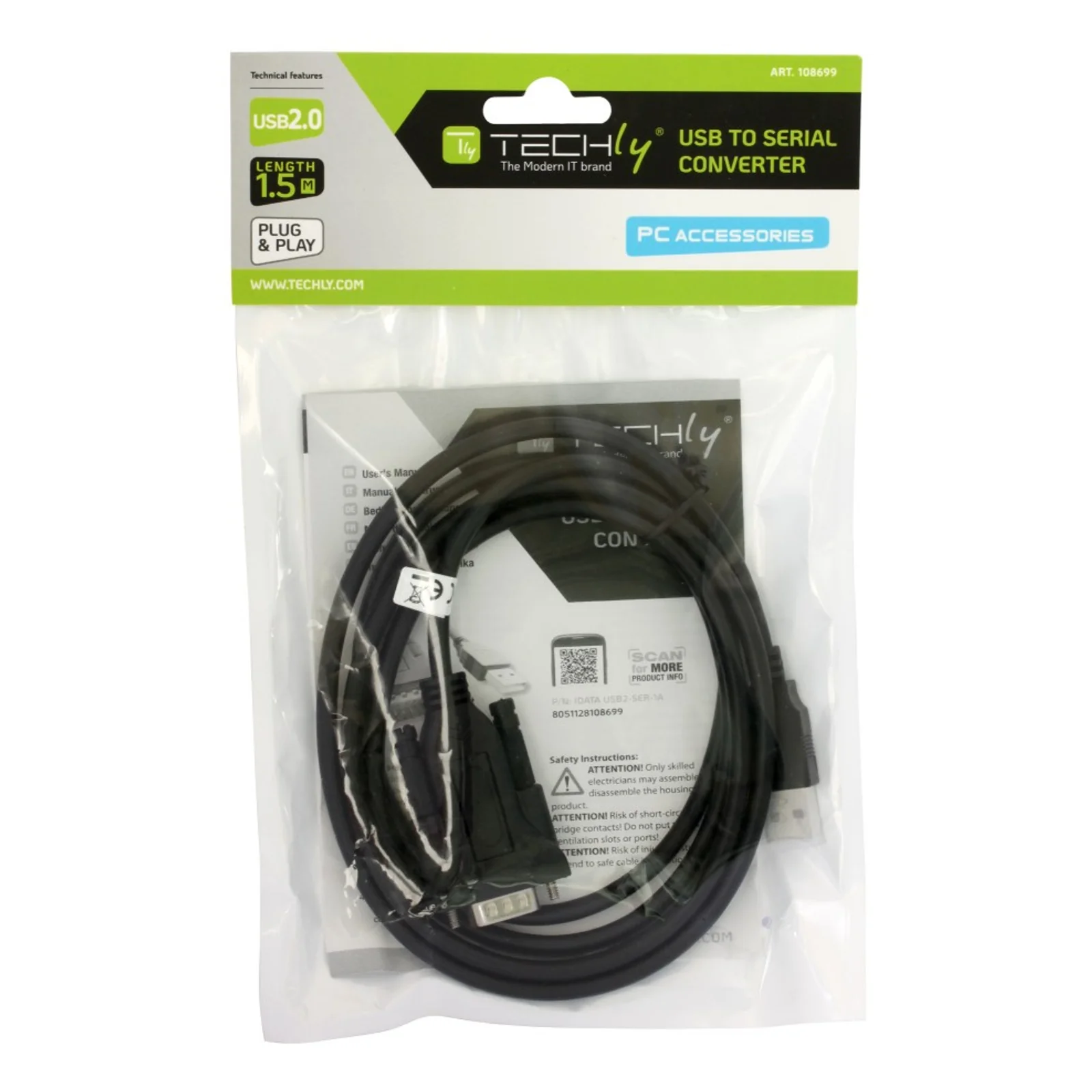 Techly IDATA USB2-SER-1A câble Série Noir 1,5 m USB Type-A DB-9