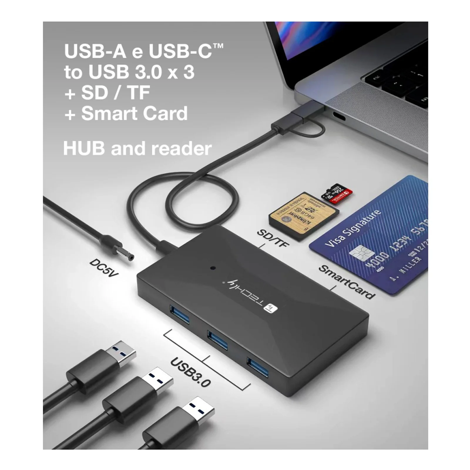 Techly IUSB-CARD-AC582 lecteur de carte mémoire USB 3.2 Gen 1 (3.1 Gen 1) Type-A/Type-C Noir