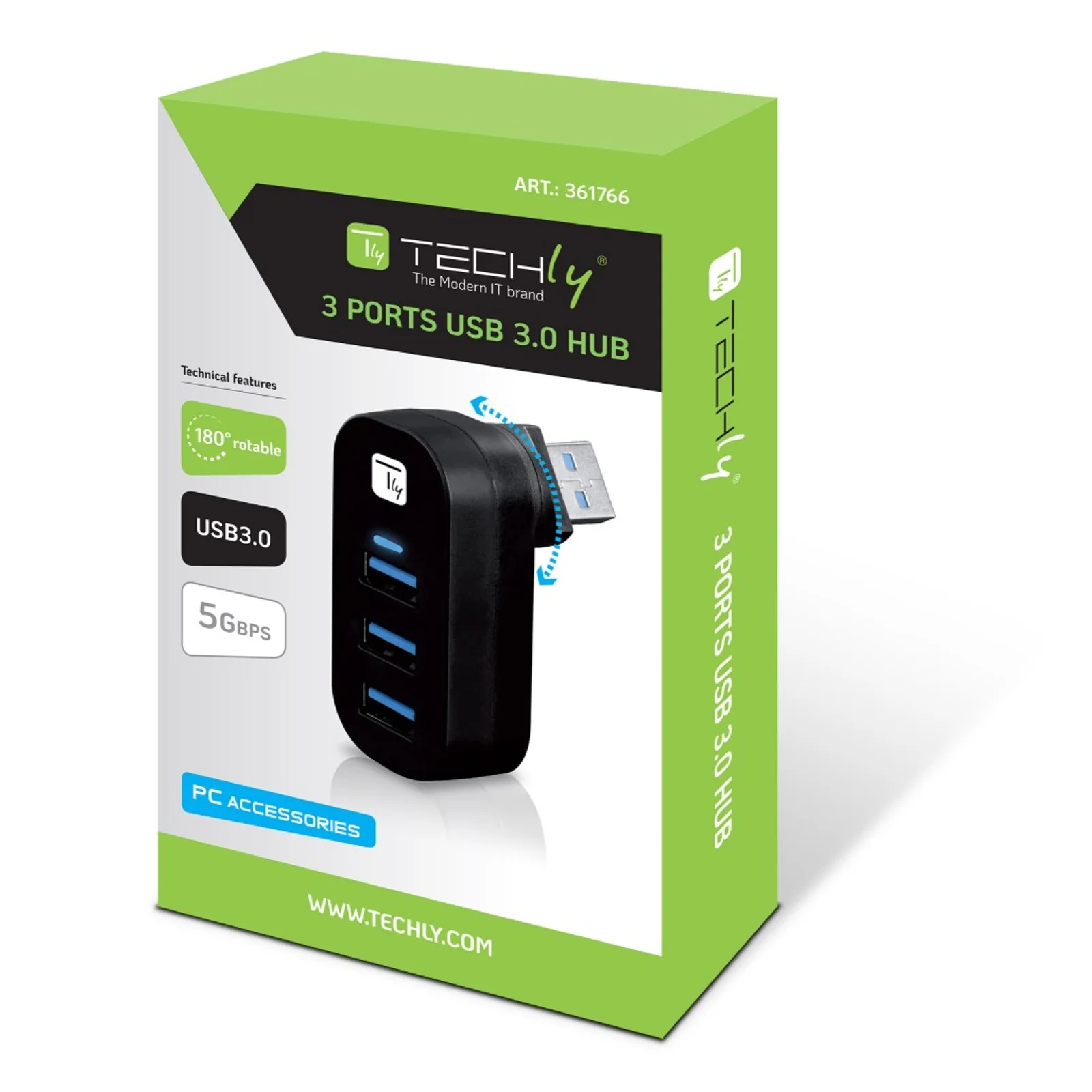 Techly IUSB3-HUB3-ROTB hub & concentrateur USB 3.2 Gen 1 (3.1 Gen 1) Type-A 5000 Mbit/s Noir
