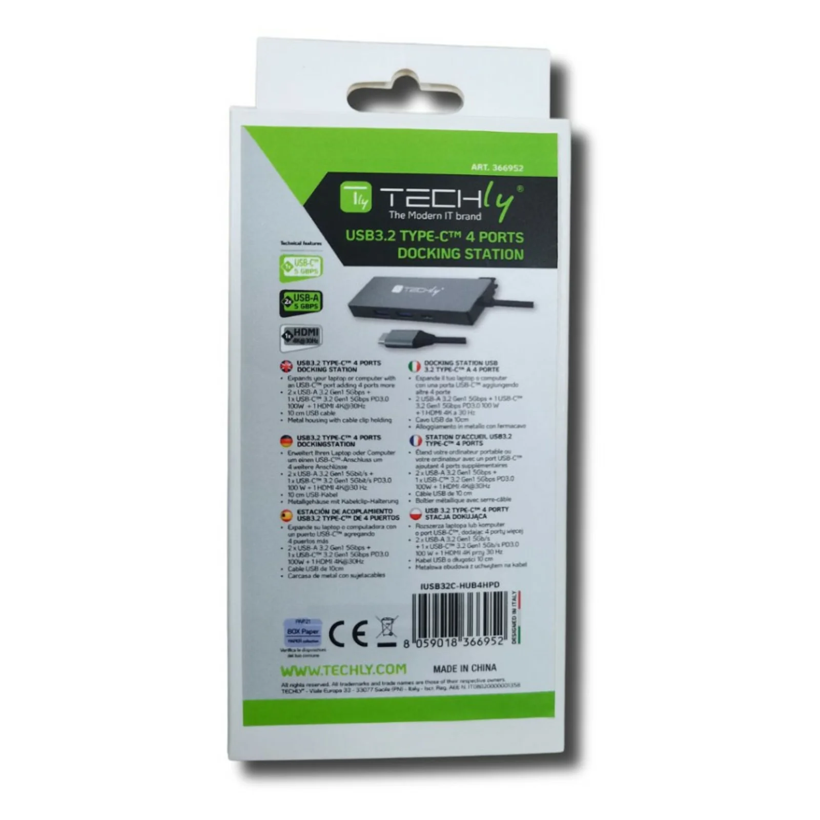 Techly IUSB32C-HUB4HPD station d'accueil Avec fil USB 3.2 Gen 2 (3.1 Gen 2) Type-C Gris