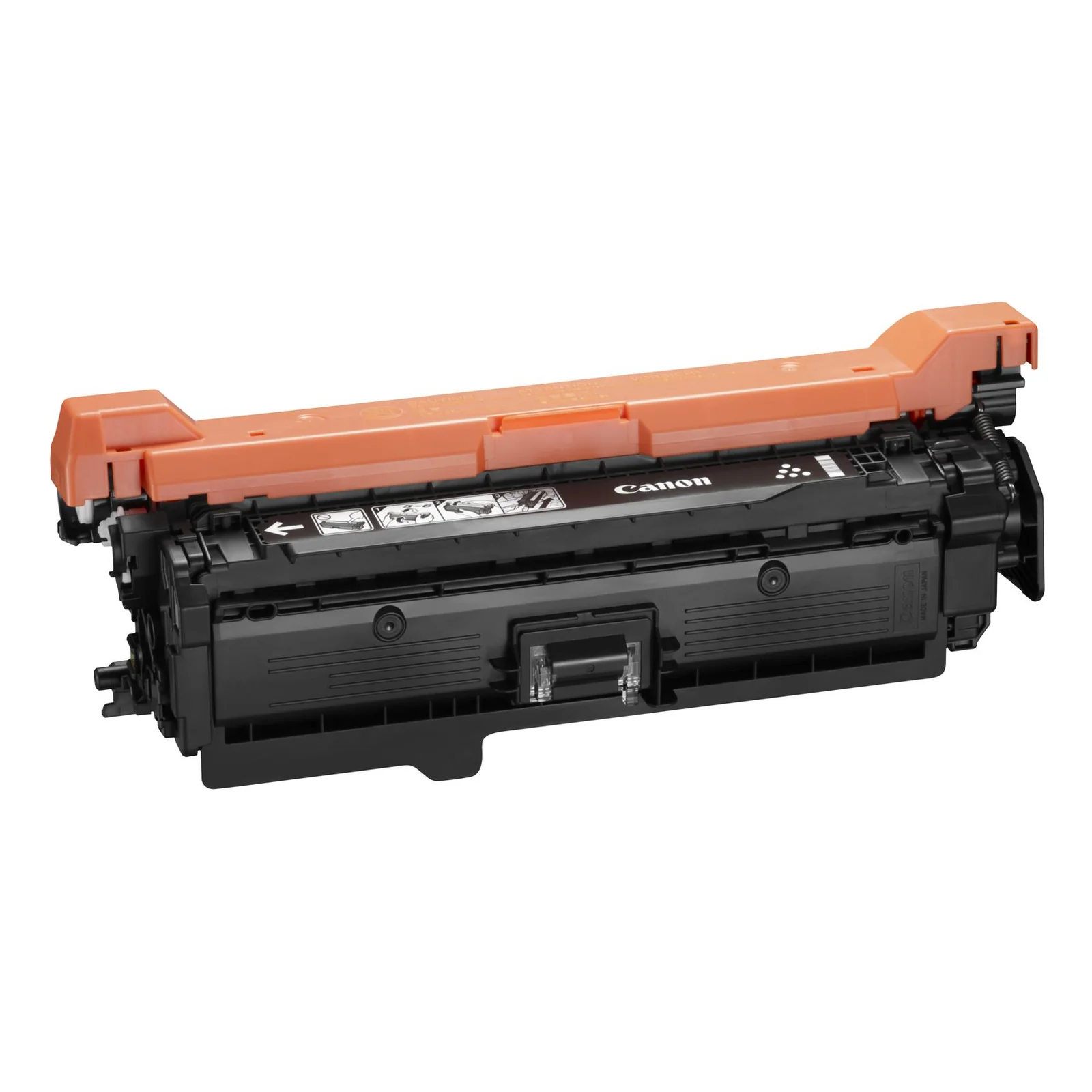 Cartouche toner Canon 732 vue de trois quarts, capot orange de protection et corps noir avec étiquette Canon
