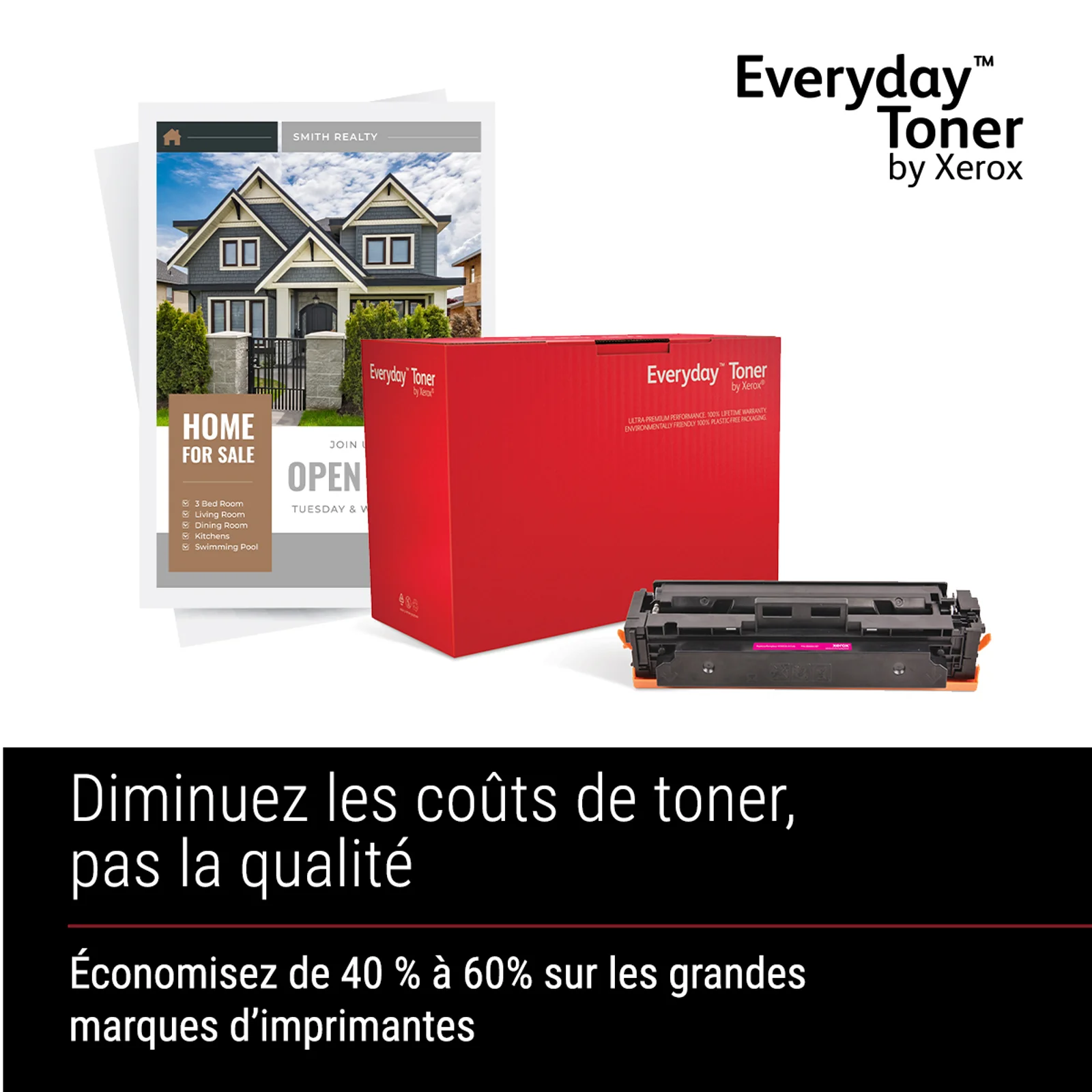 Bannière Xerox Everyday Toner avec boîte rouge, cartouche et flyer, texte Diminuez les coûts de toner pas la qualité