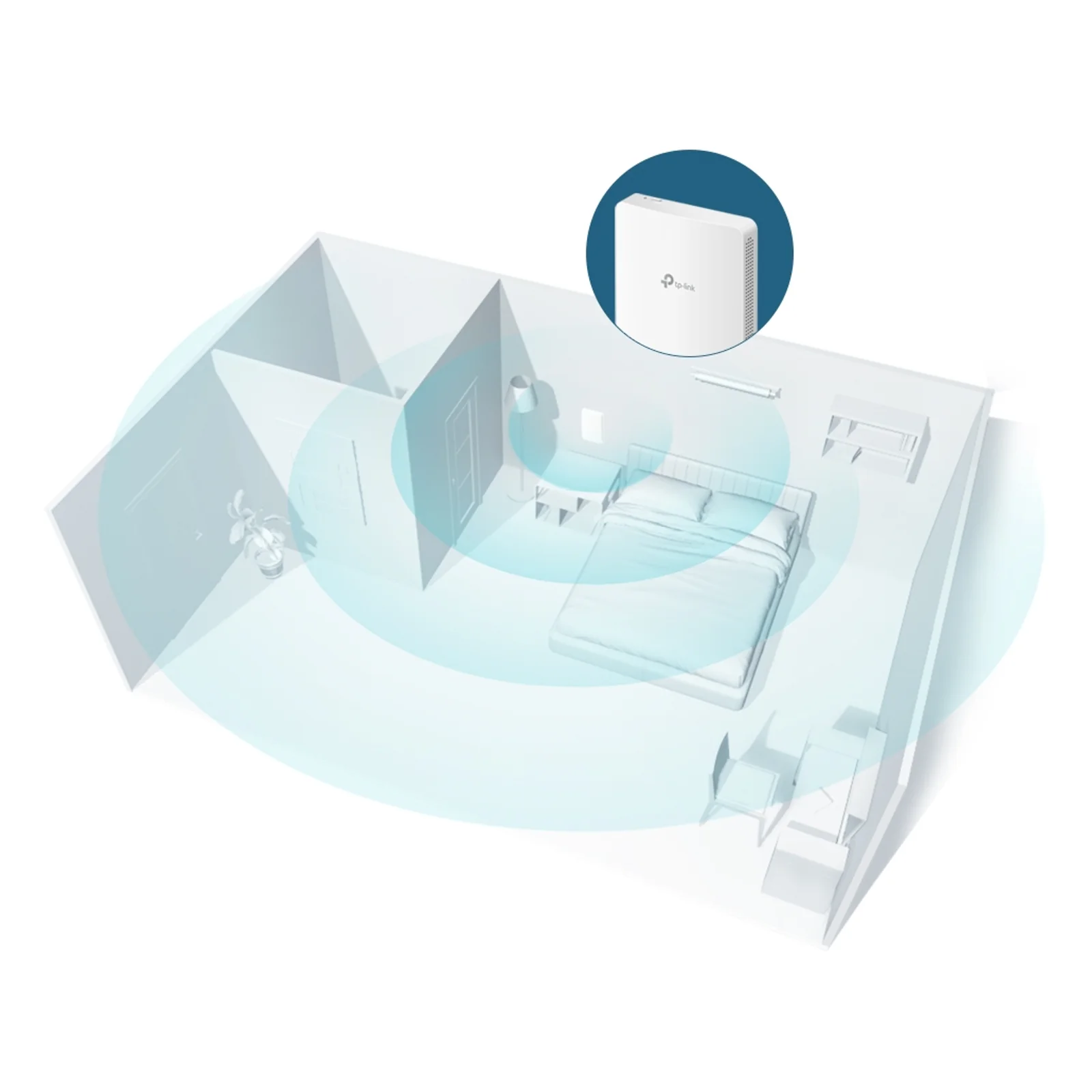 Illustration 3D de couverture Wi-Fi par pièce, avec le point d'accès mural représenté en médaillon