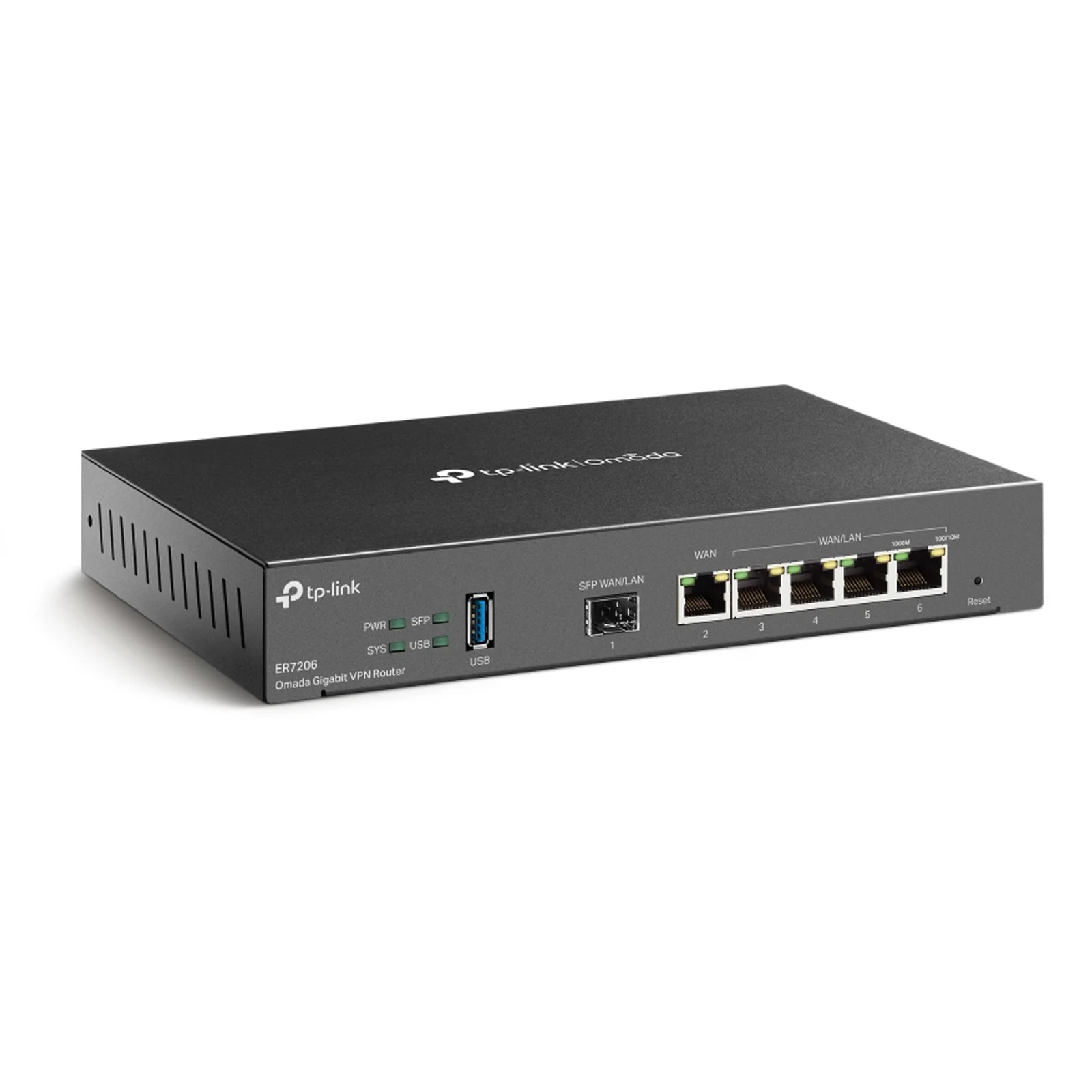 Vue trois quarts droite de l'ER7206 avec le port SFP WAN/LAN et les ports RJ-45 visibles en façade
