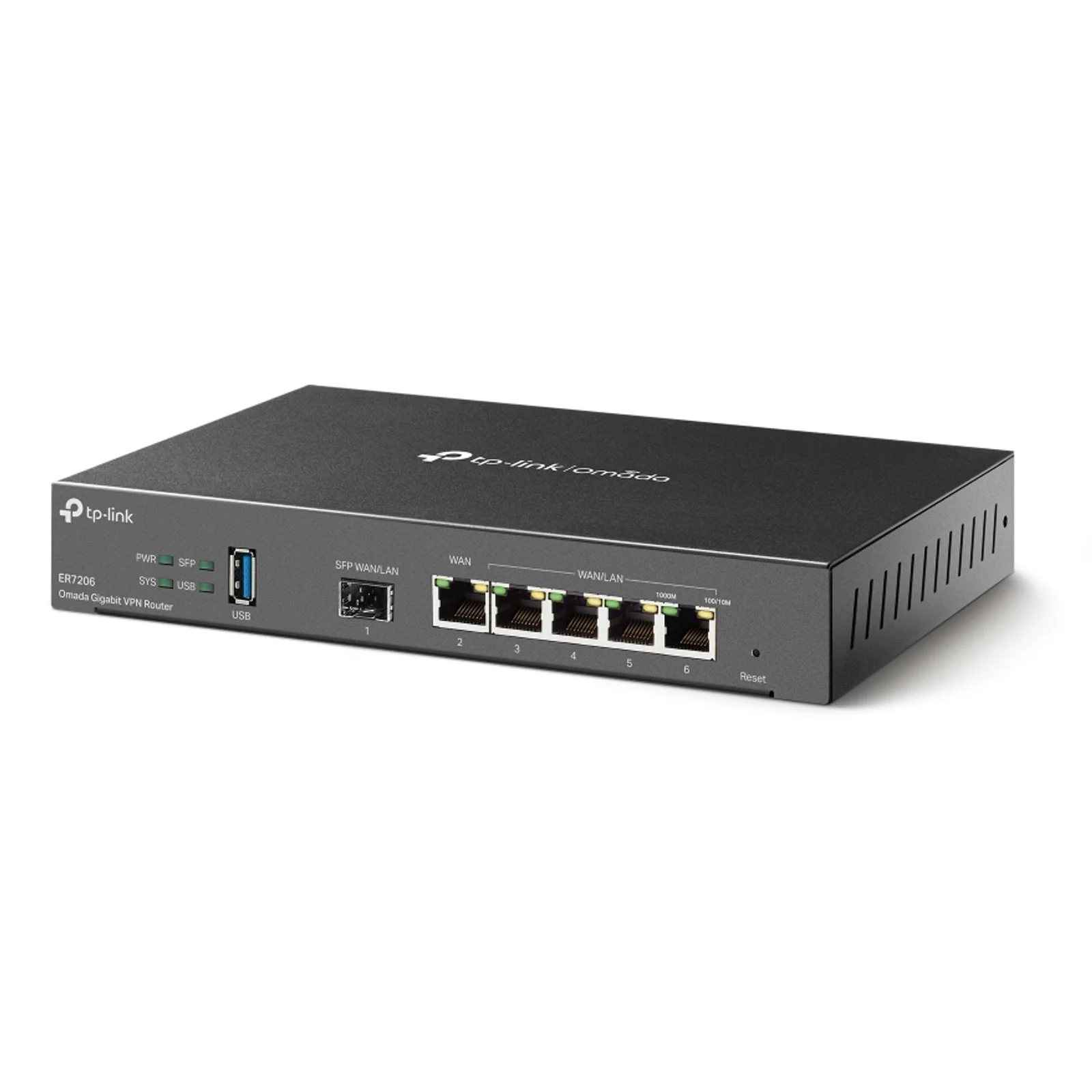 Vue trois quarts gauche de l'ER7206 montrant le port SFP, les ports WAN et WAN/LAN Gigabit