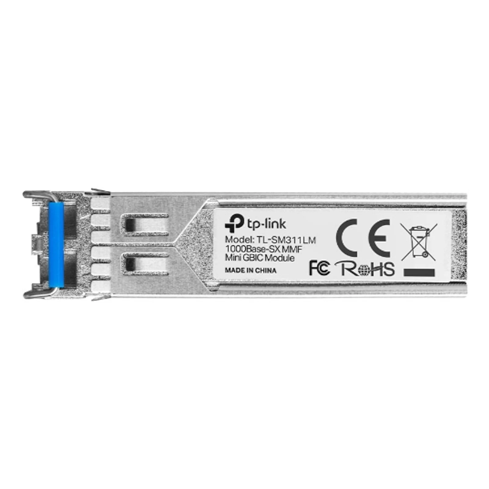 Module SFP TL-SM311LM vu de face, étiquette 1000Base-SX MMF Mini GBIC Module visible, languette de déverrouillage bleue sur le côté gauche.