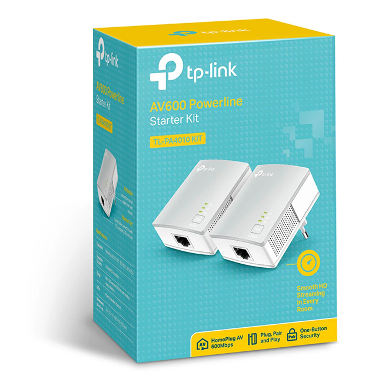 Emballage du kit TP-Link TL-PA4010 avec slogan AV600 Powerline Starter Kit sur fond turquoise, les 2 adaptateurs en photo et icônes HomePlug AV 600Mbps, Plug and Play et sécurité en un bouton