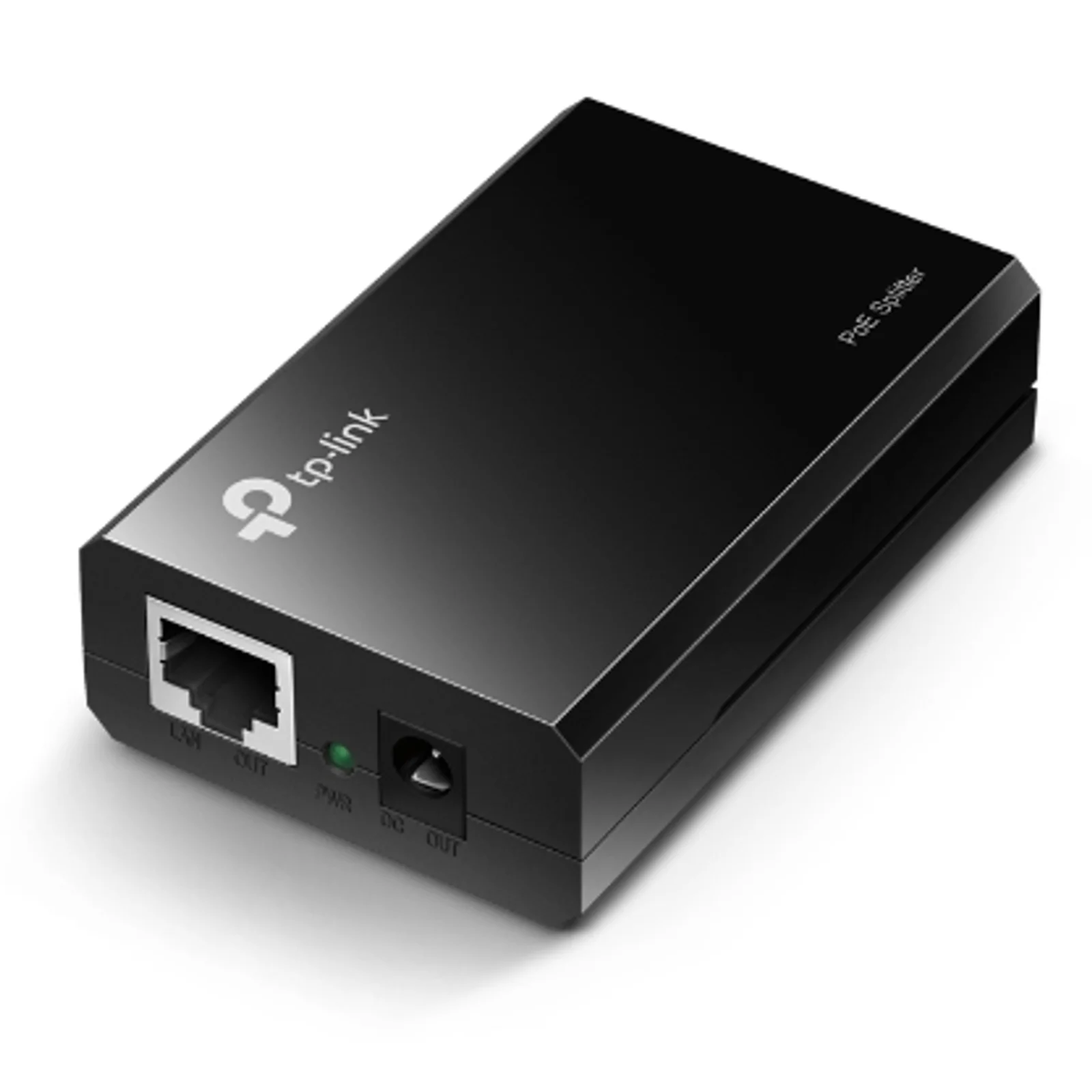 Vue en angle du TL-POE10R montrant le port LAN OUT RJ-45, le voyant PWR et la sortie DC OUT